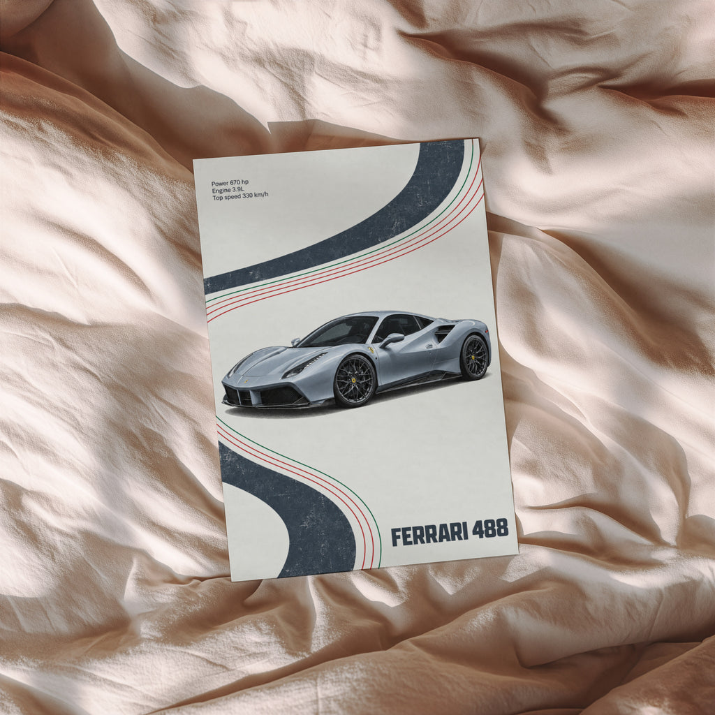 Vintage Ferrari 488 Print, Supercar Poster, Wall Art