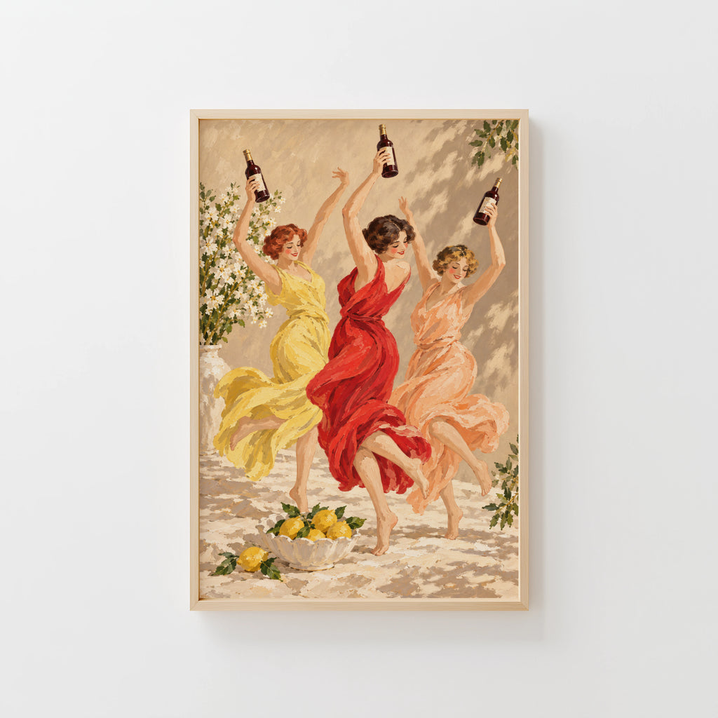 Vintage Print Poster, Dancing Women Wine Wall Art