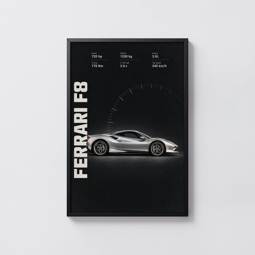 Vintage Ferrari F8 Print, Supercar Wall Art
