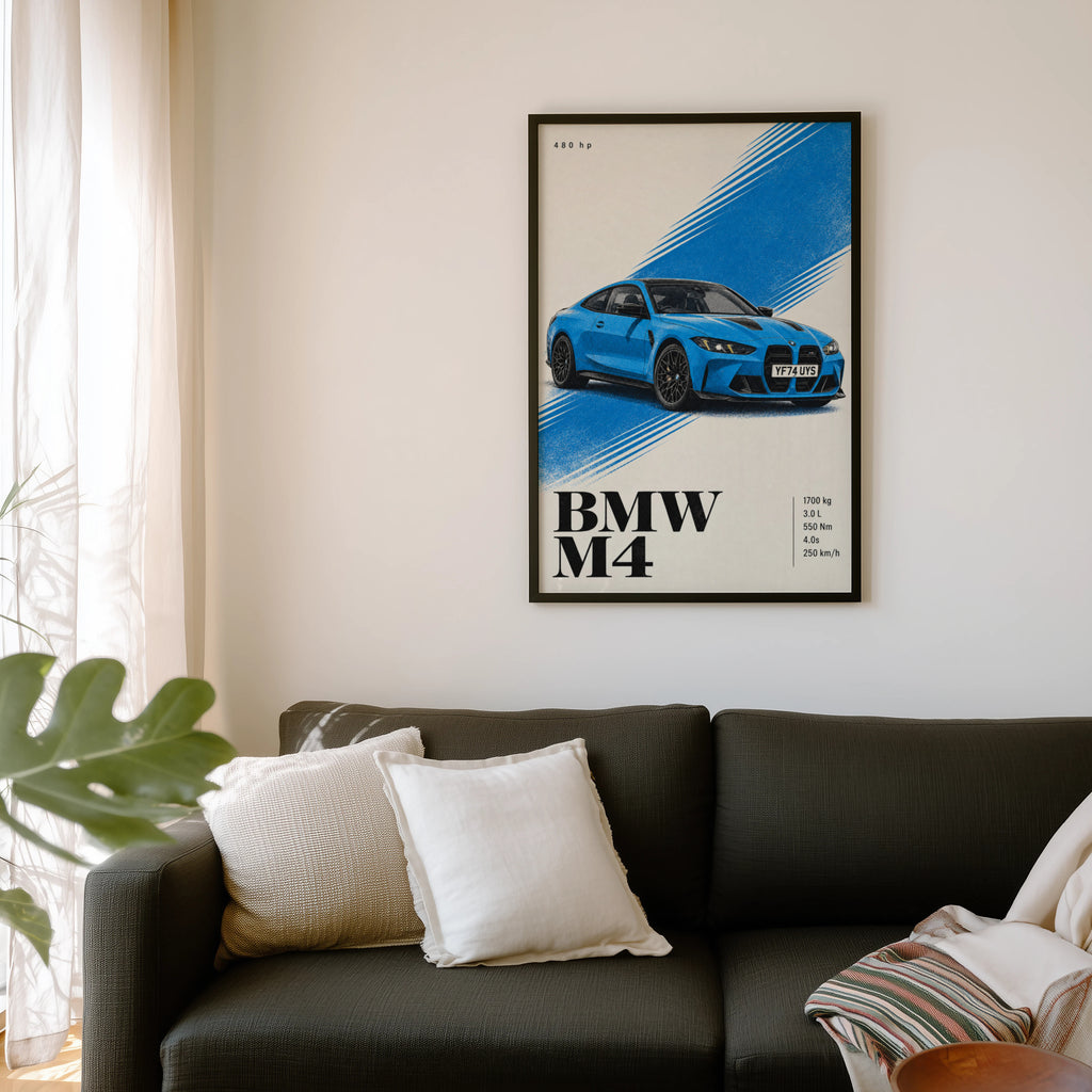Vintage BMW M4 Print, Blue Car Wall Art
