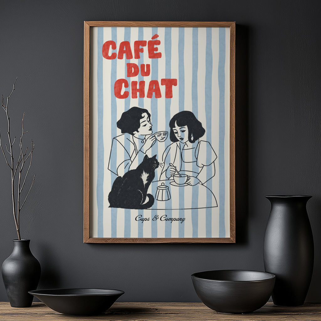 Vintage Coffee Print and Poster, Black Cat Cafe Art