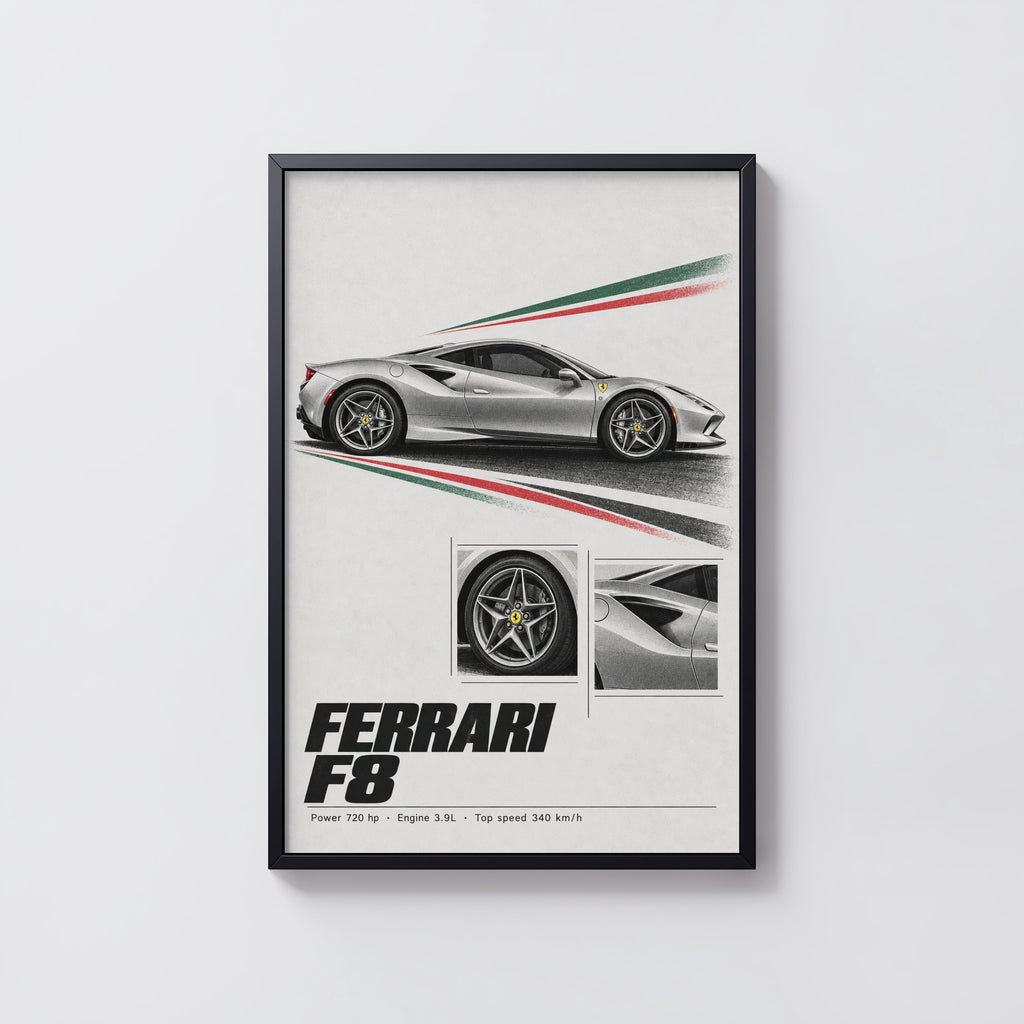 Vintage Ferrari F8 Print, Supercar Wall Art
