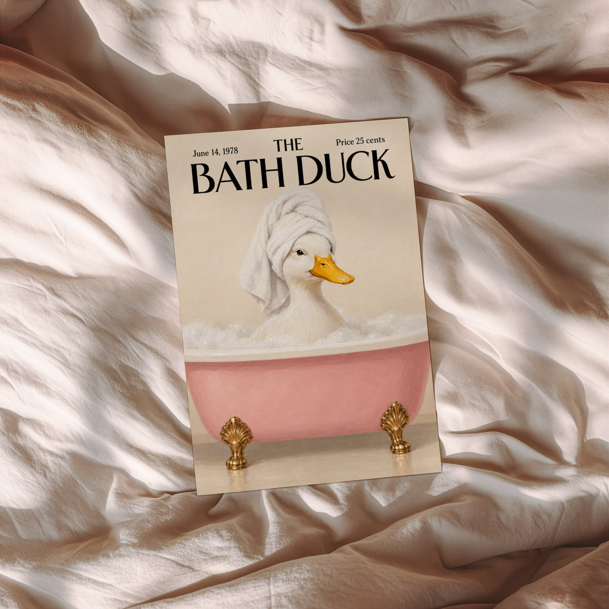 Vintage Bath Duck Print, Pink Bathtub Poster