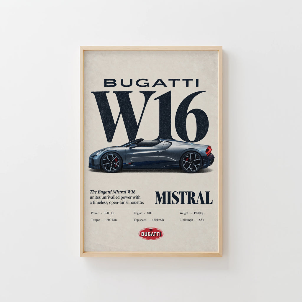 Vintage Bugatti W16 Mistral Print, Car Wall Art