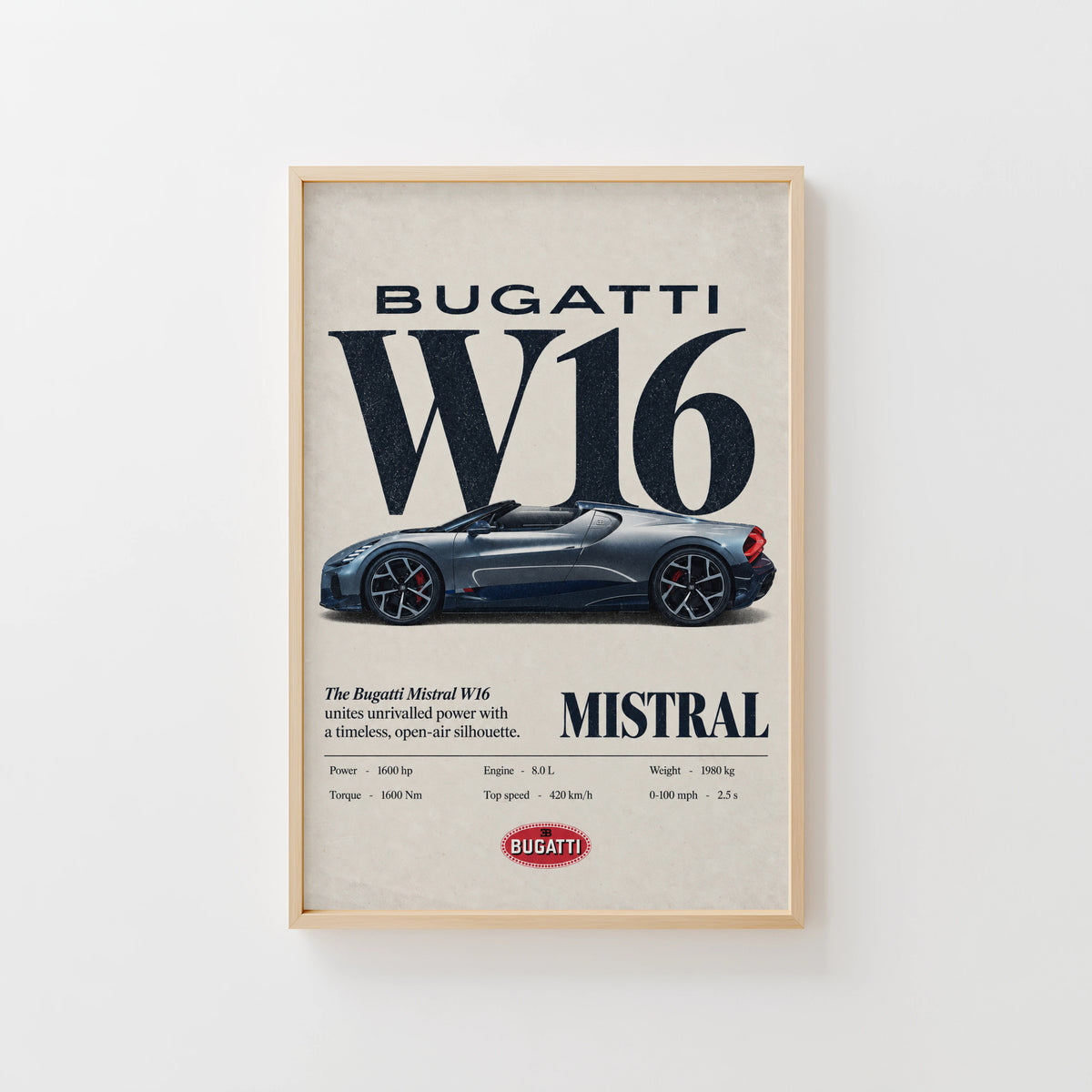 Vintage Bugatti W16 Mistral Print, Car Wall Art