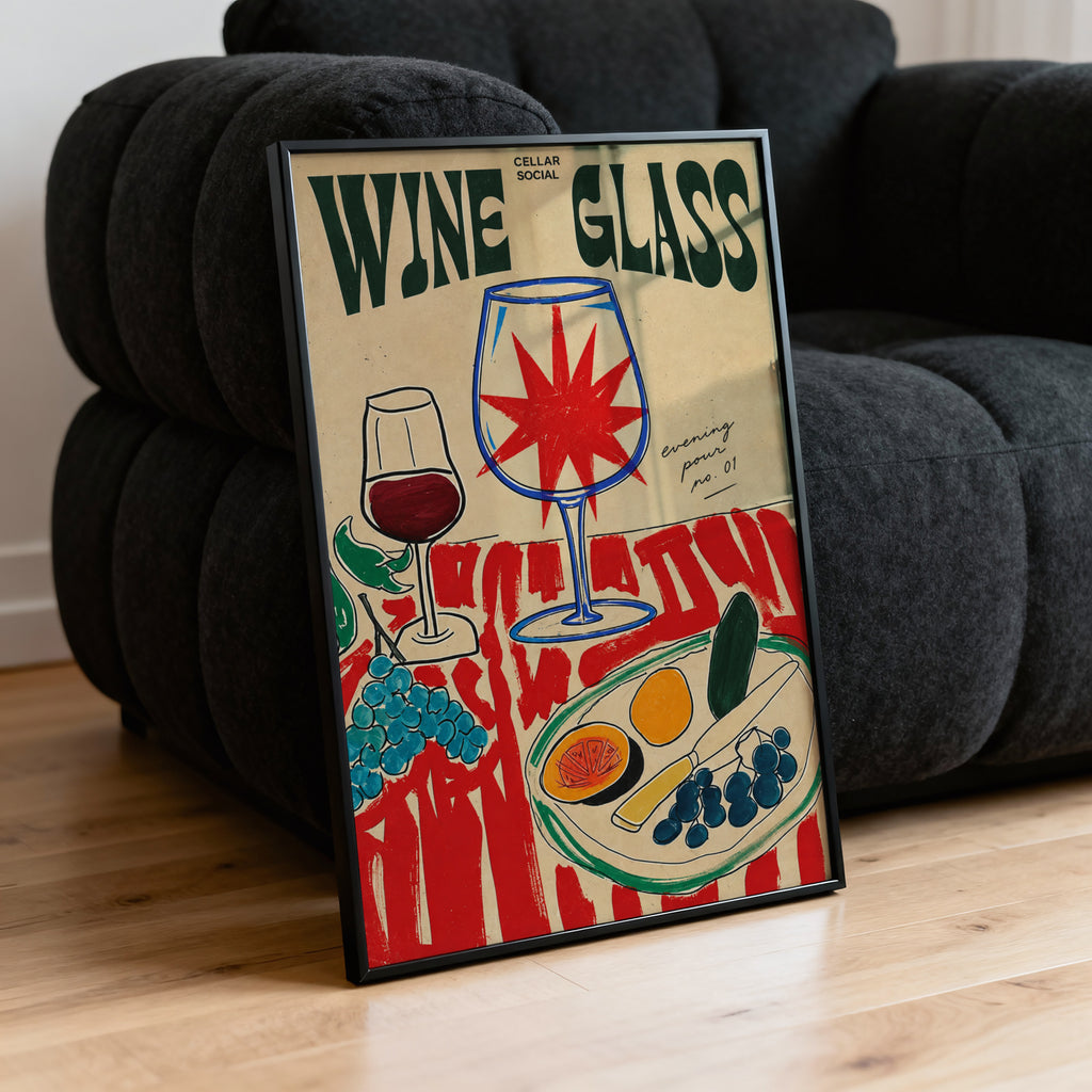 Vintage Wine Glass Print Poster, Cellar Social Wall Art