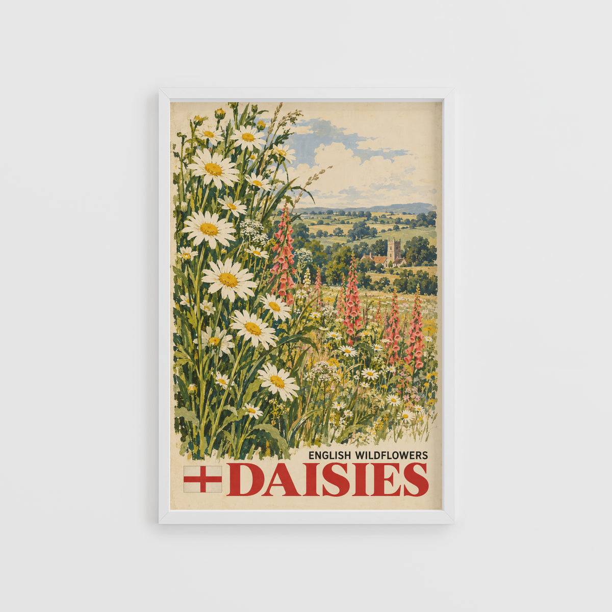 Vintage English Daisies Poster, Wildflower Wall Art Print
