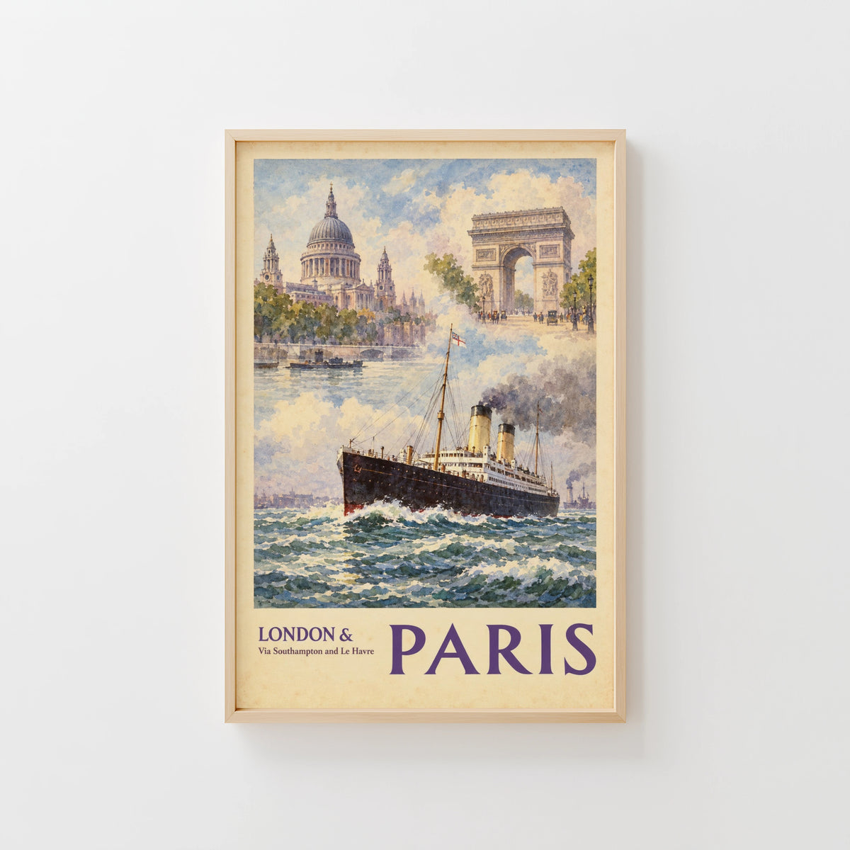 Vintage London to Paris Poster, Steamship Travel Print
