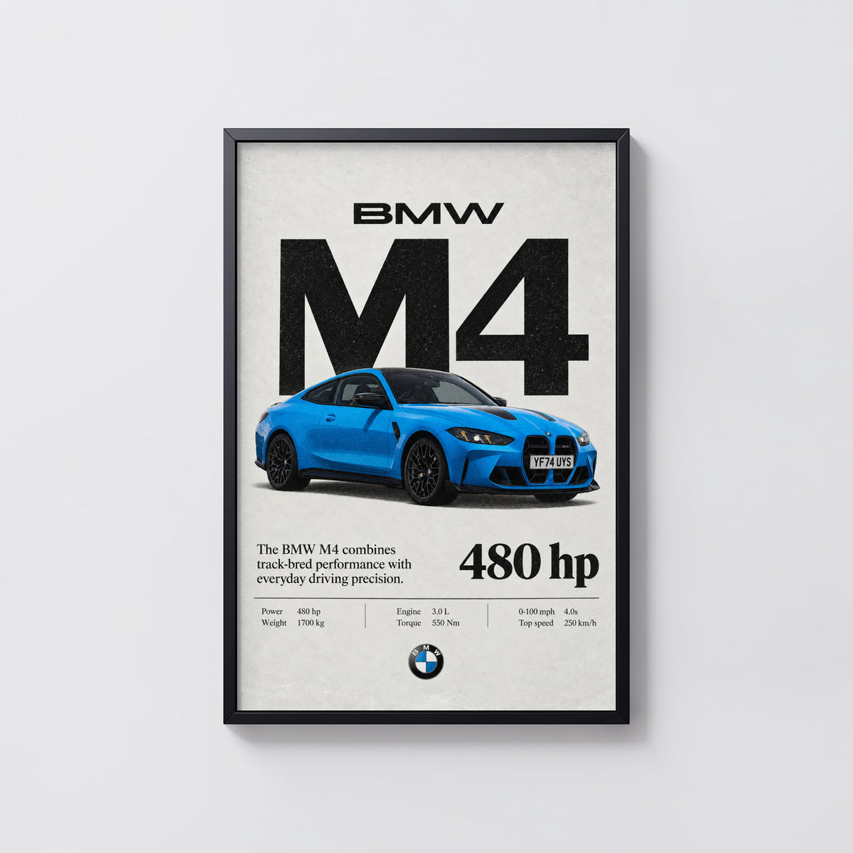 Vintage BMW M4 Print, Blue Coupe Wall Art