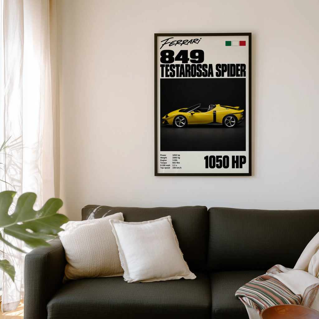 Vintage Ferrari Print, Yellow Supercar Wall Art