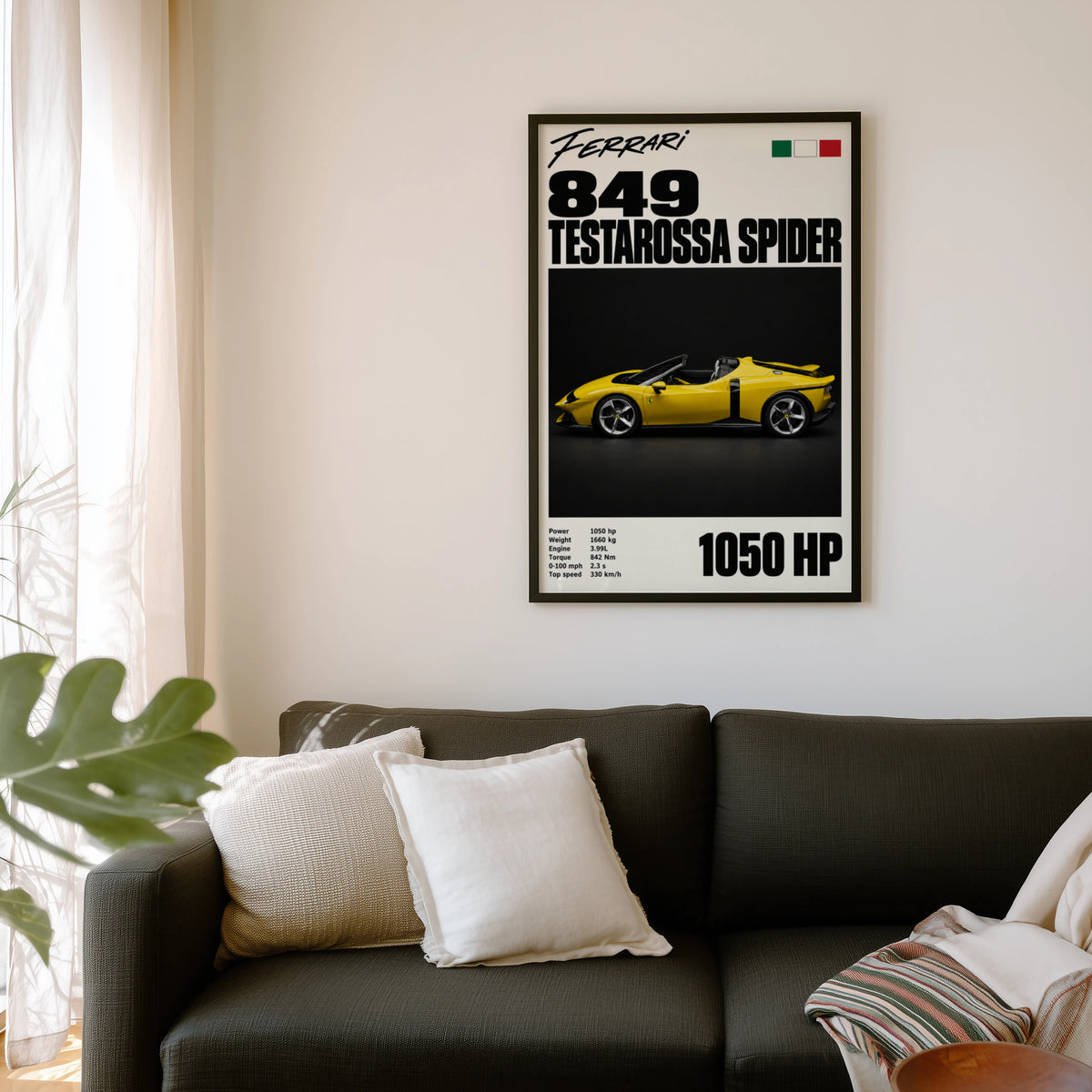 Vintage Ferrari Print, Yellow Supercar Wall Art