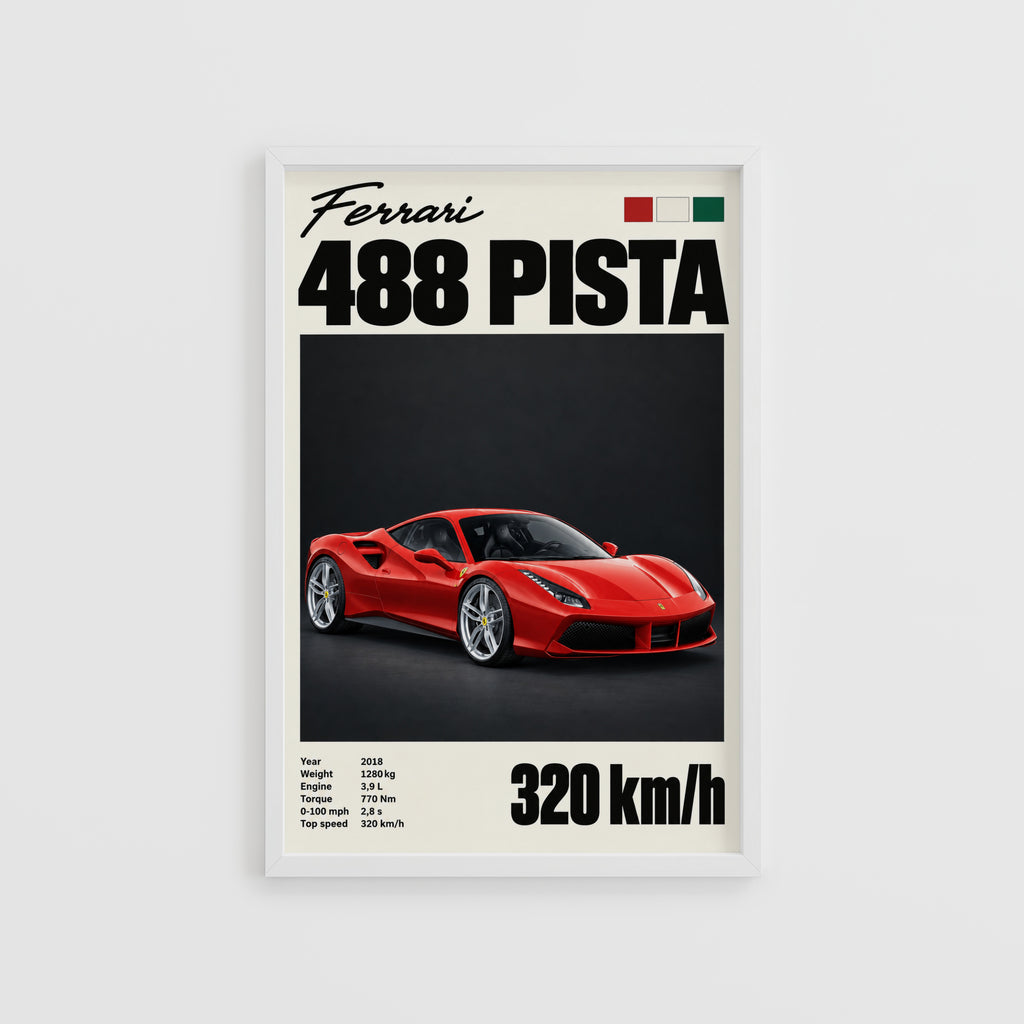 Vintage Ferrari 488 Pista Print, Supercar Wall Art