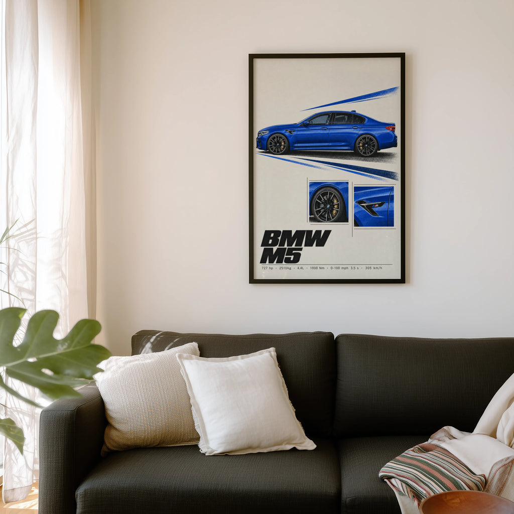 Vintage BMW M5 Print, Car Wall Art, Blue Sedan