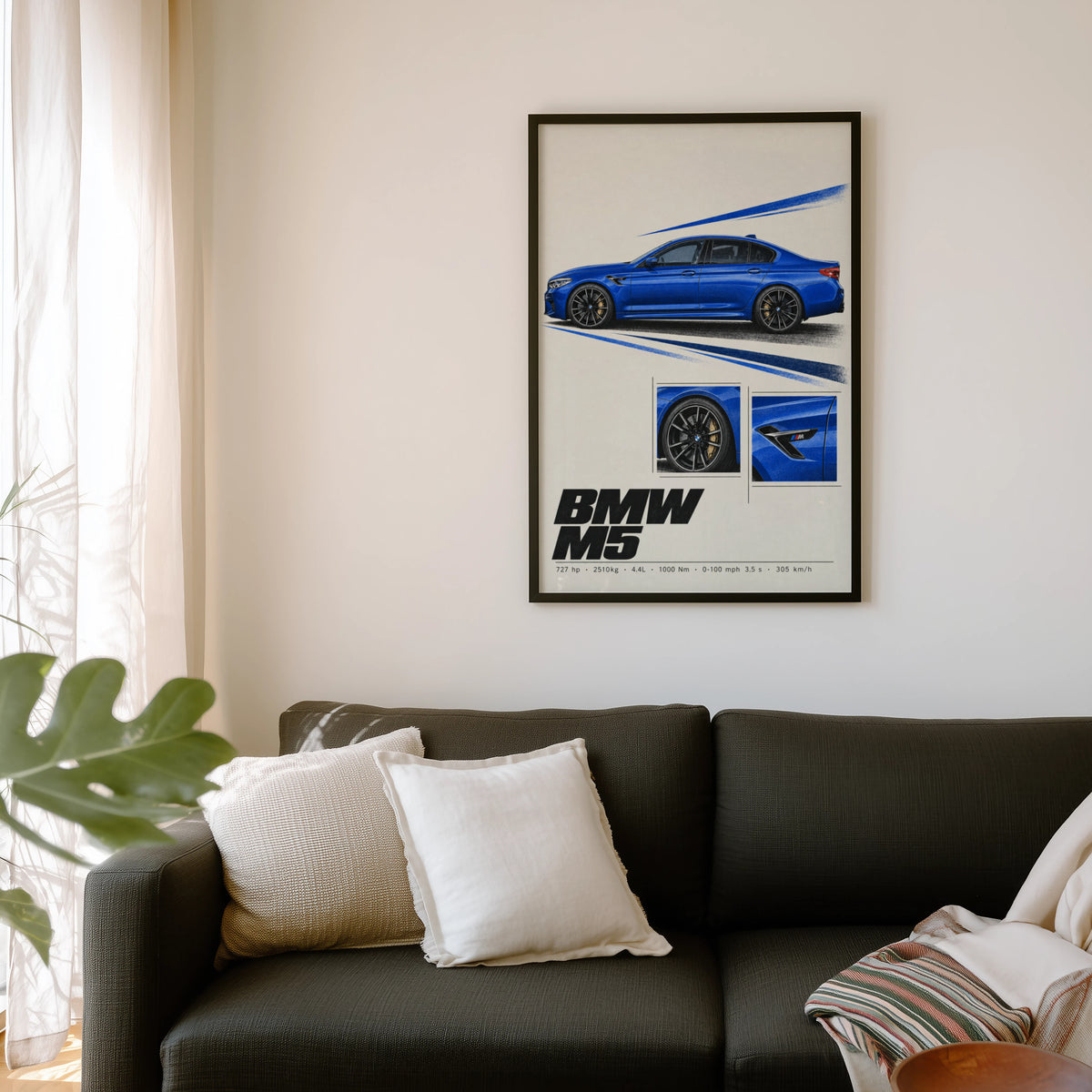 Vintage BMW M5 Print, Car Wall Art, Blue Sedan
