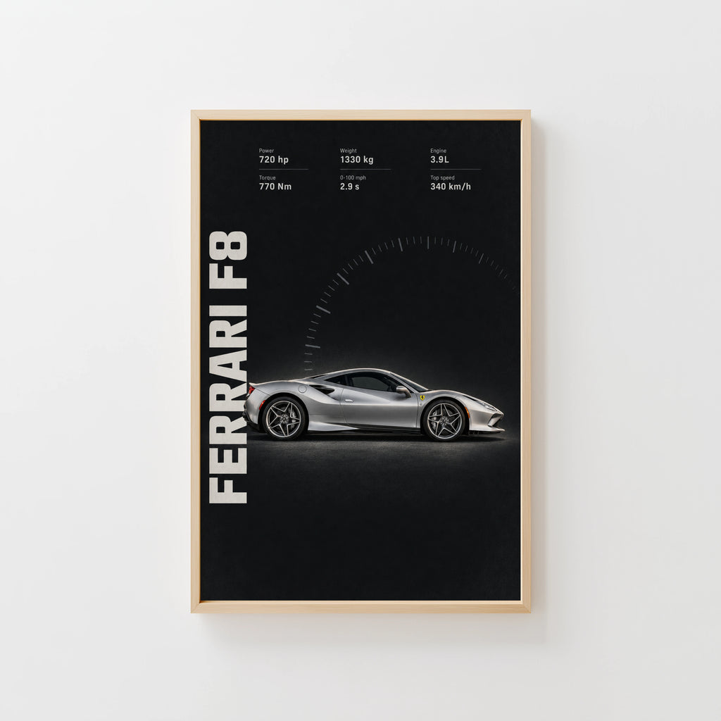 Vintage Ferrari F8 Print, Supercar Wall Art
