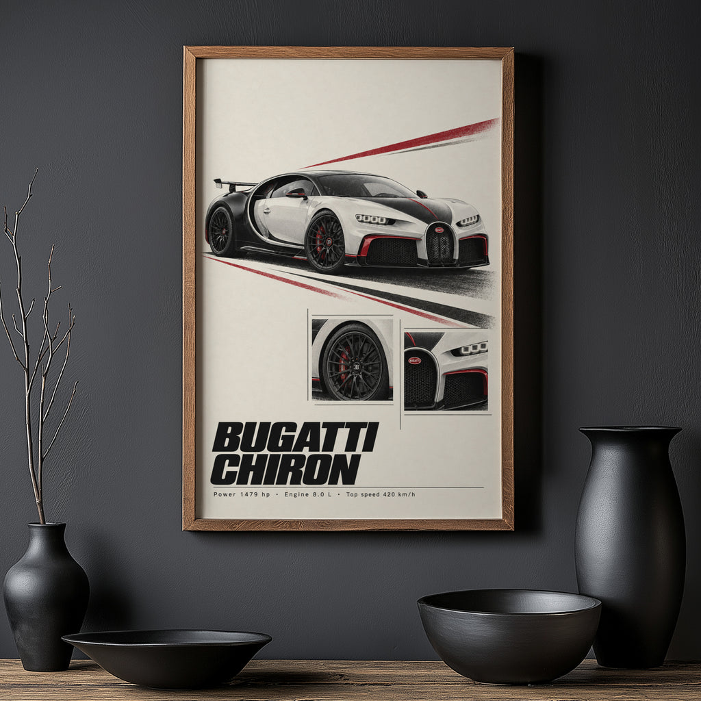 Vintage Bugatti Chiron Print, Supercar Wall Art