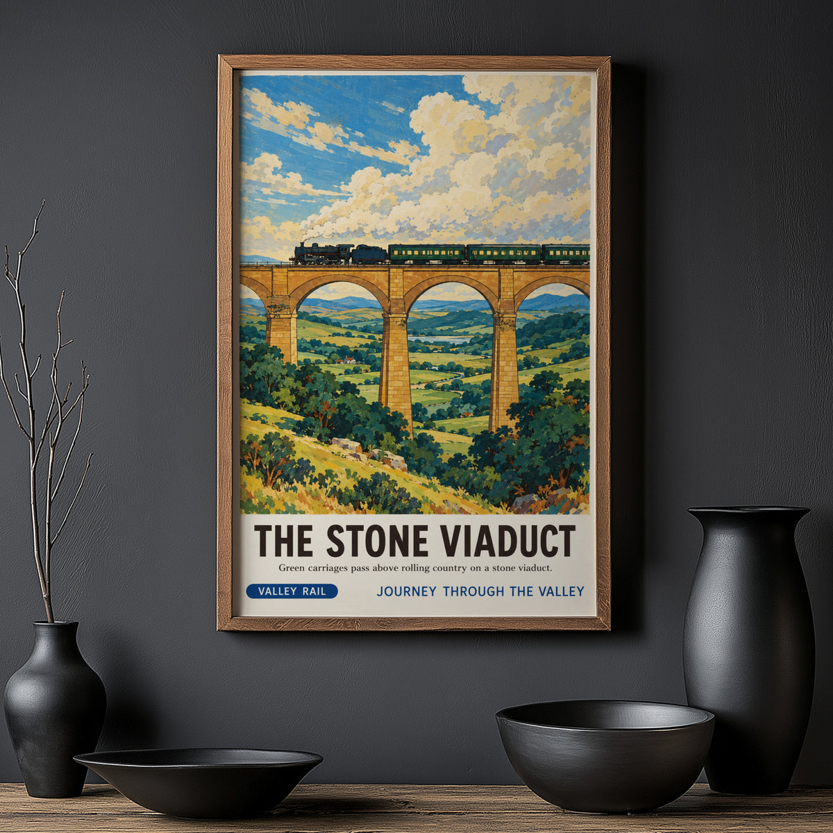 Vintage Steam Train Print Poster, Stone Viaduct Wall Art