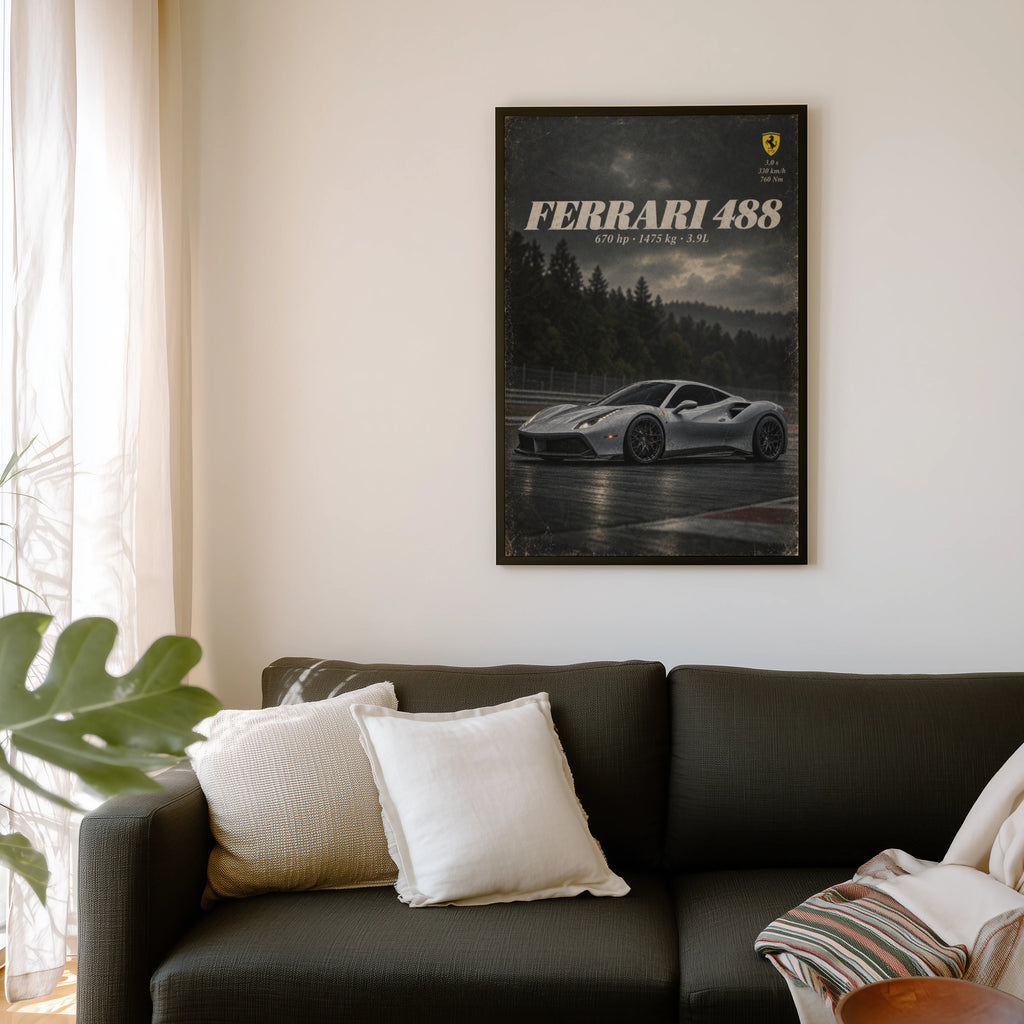 Vintage Ferrari 488 Print, Car Poster, Supercar Wall Art
