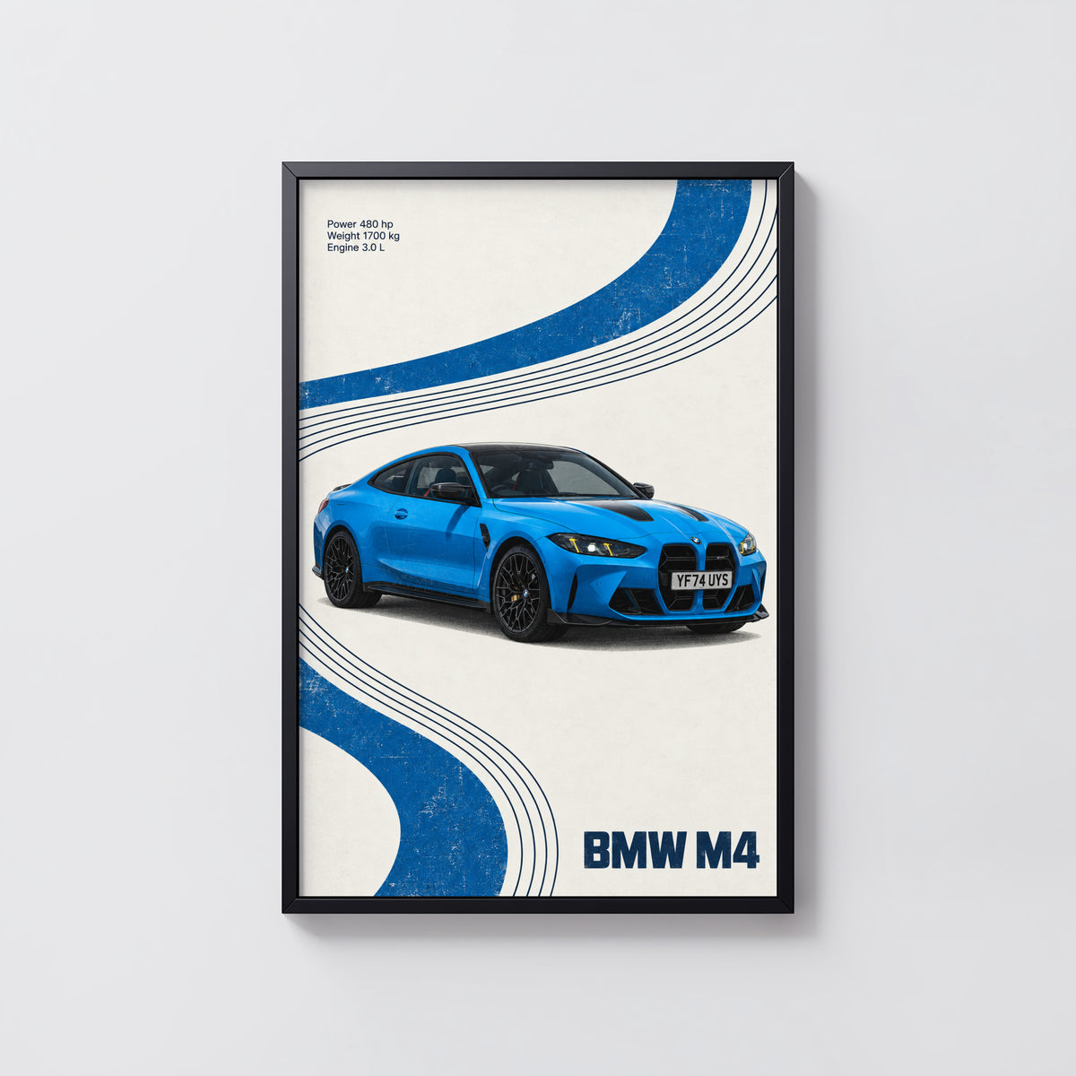 Vintage BMW M4 Print, Blue Retro Car Wall Art