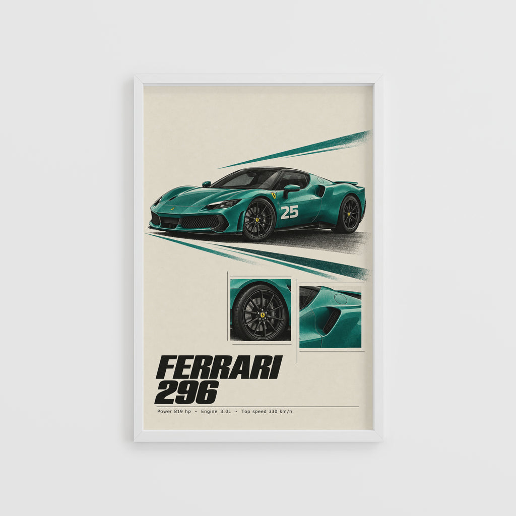 Vintage Ferrari 296 Print, Teal Supercar Wall Art