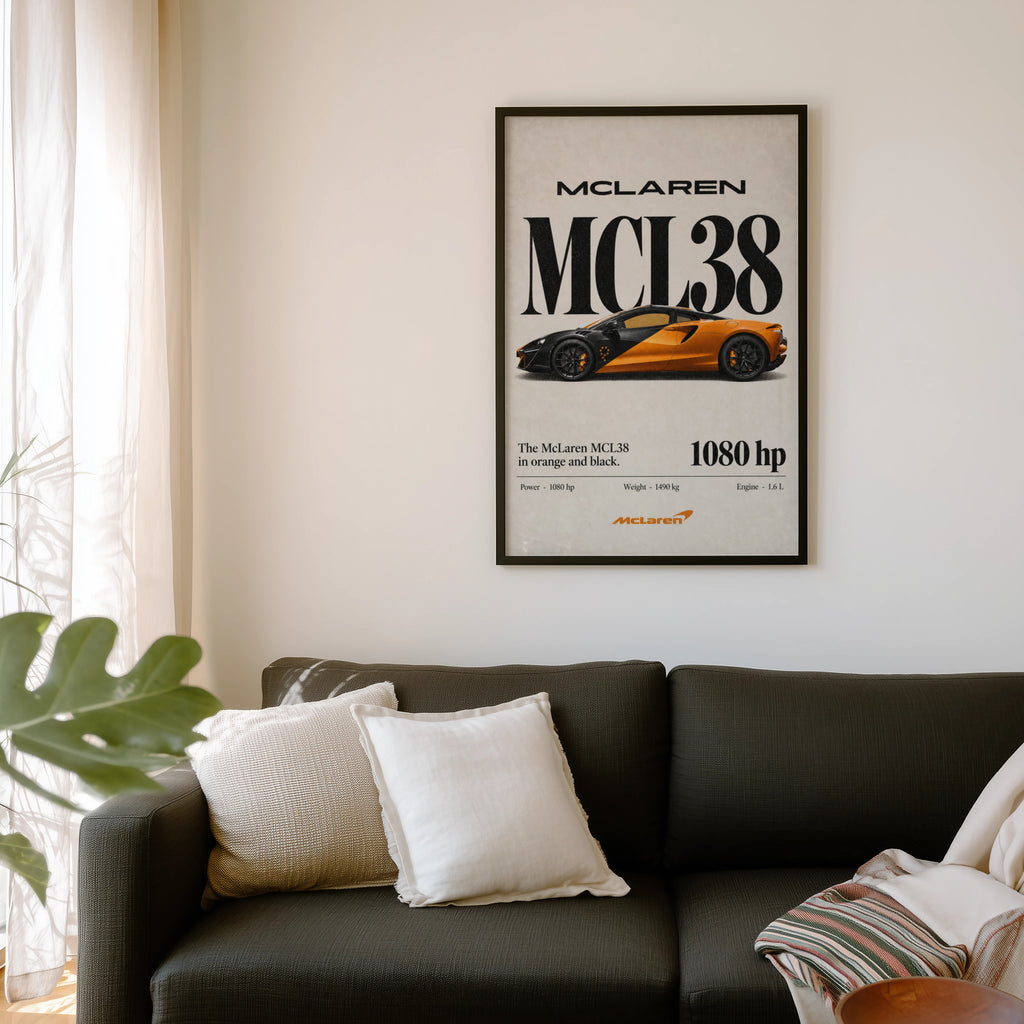 Vintage McLaren MCL38 Print, Orange Supercar Art