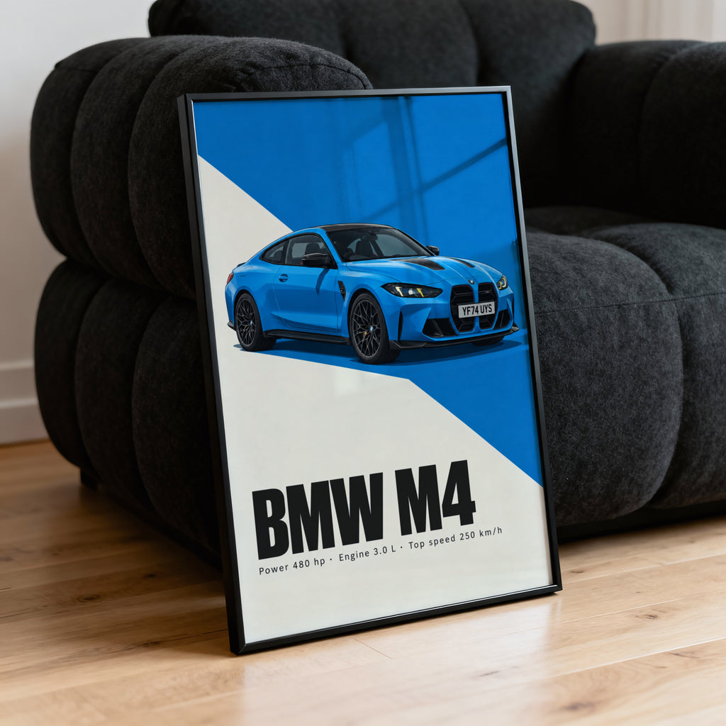 Vintage BMW M4 Print, Blue Car Wall Art
