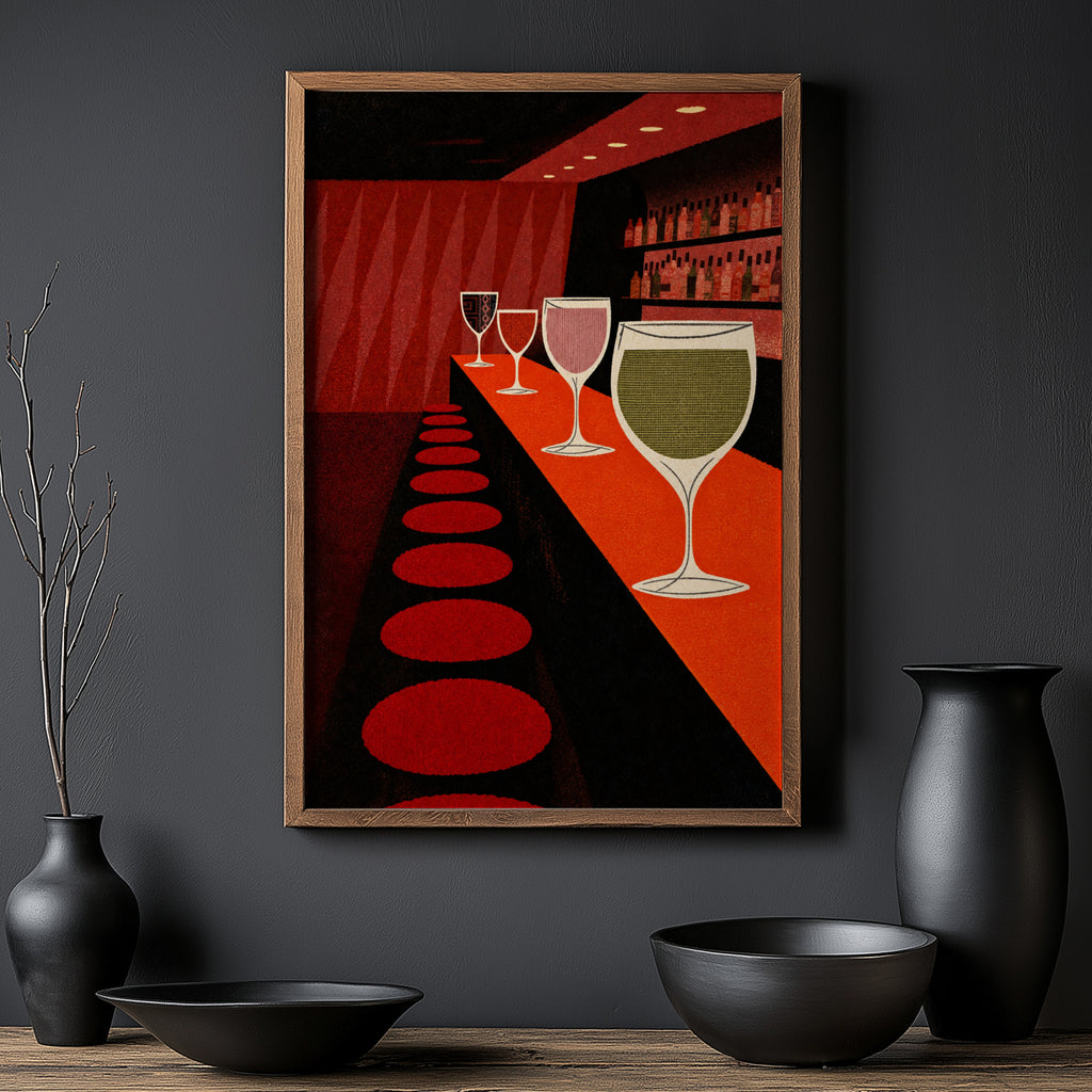 Vintage Wine Bar Print Poster, Mid Century Wall Art