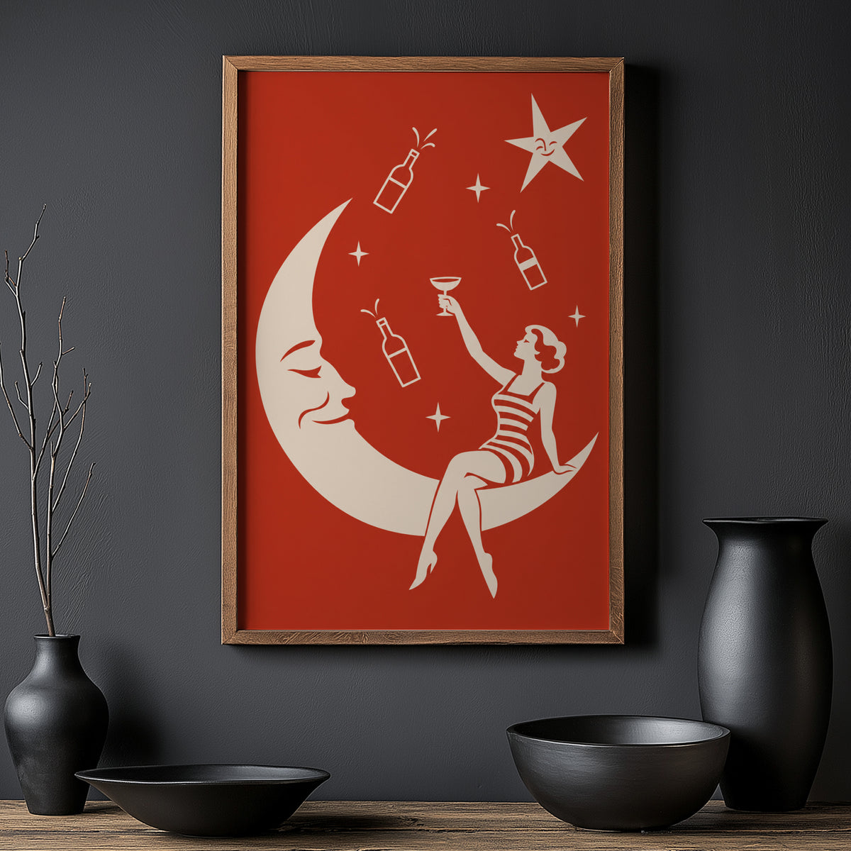 Vintage Wine Print Poster, Moon Lady Cocktail Art