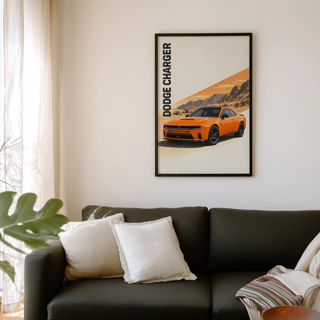 Vintage Dodge Charger Print, Orange Muscle Car Art