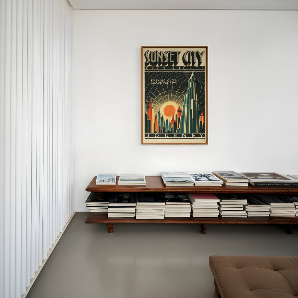Vintage Sunset City Poster, Art Deco Skyline Print