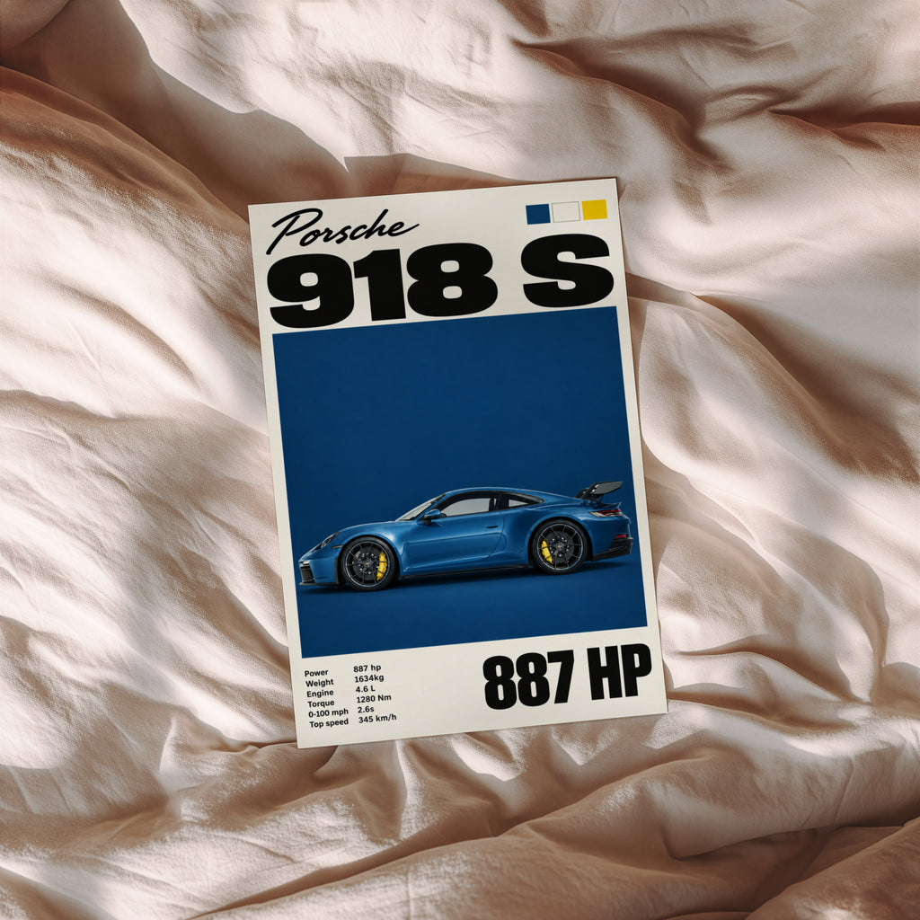 Vintage Porsche 918 S Print, Car Poster, Blue Wall Art