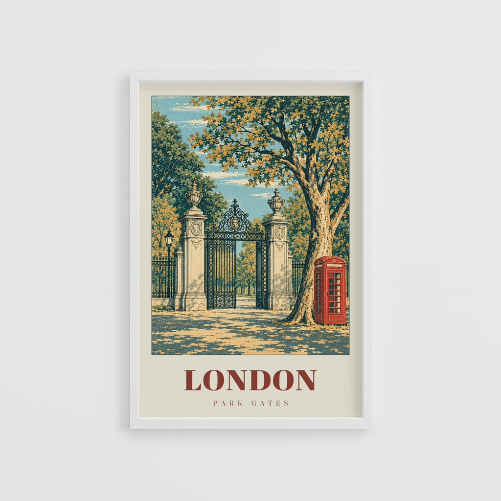 Vintage London Park Gates Poster, Red Phone Box Print