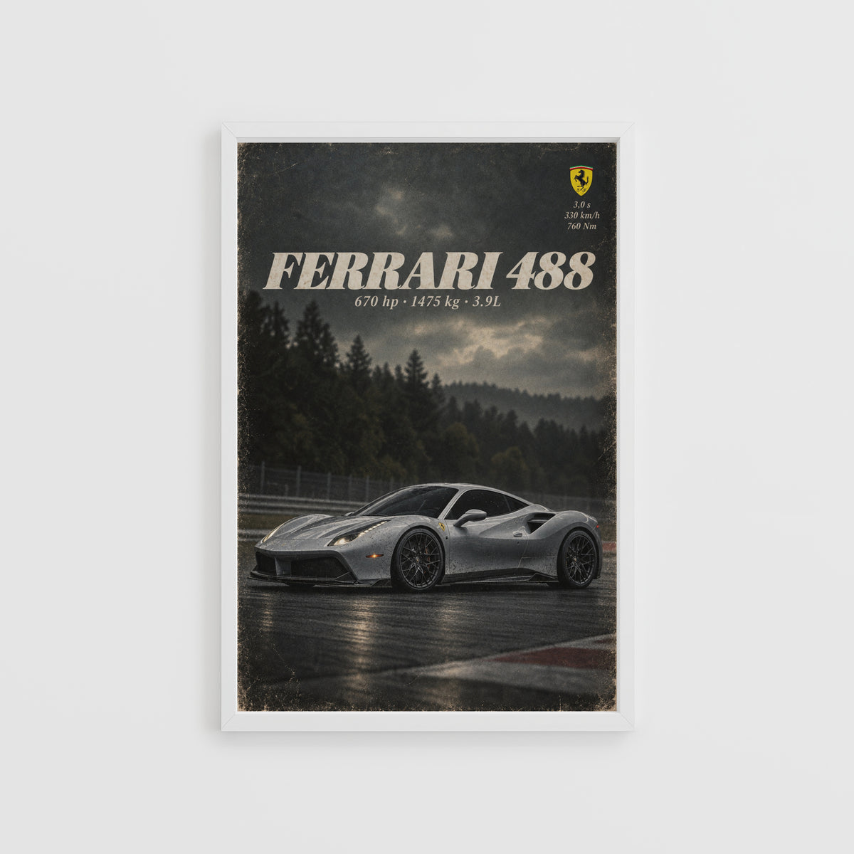 Vintage Ferrari 488 Print, Car Poster, Supercar Wall Art