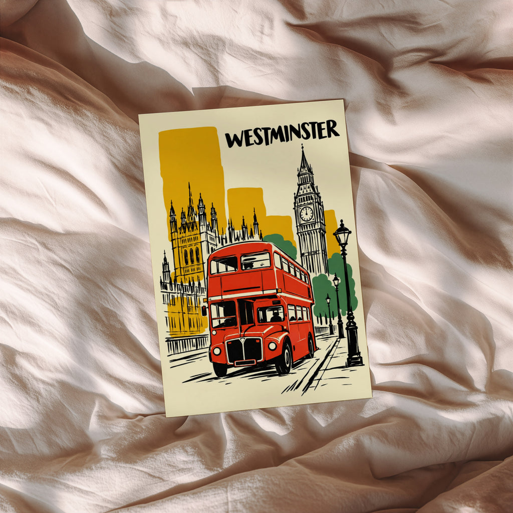 Vintage Westminster London Poster, Red Bus Wall Art Print
