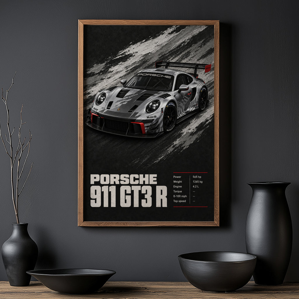 Vintage Porsche 911 GT3 R Print, Race Car Wall Art