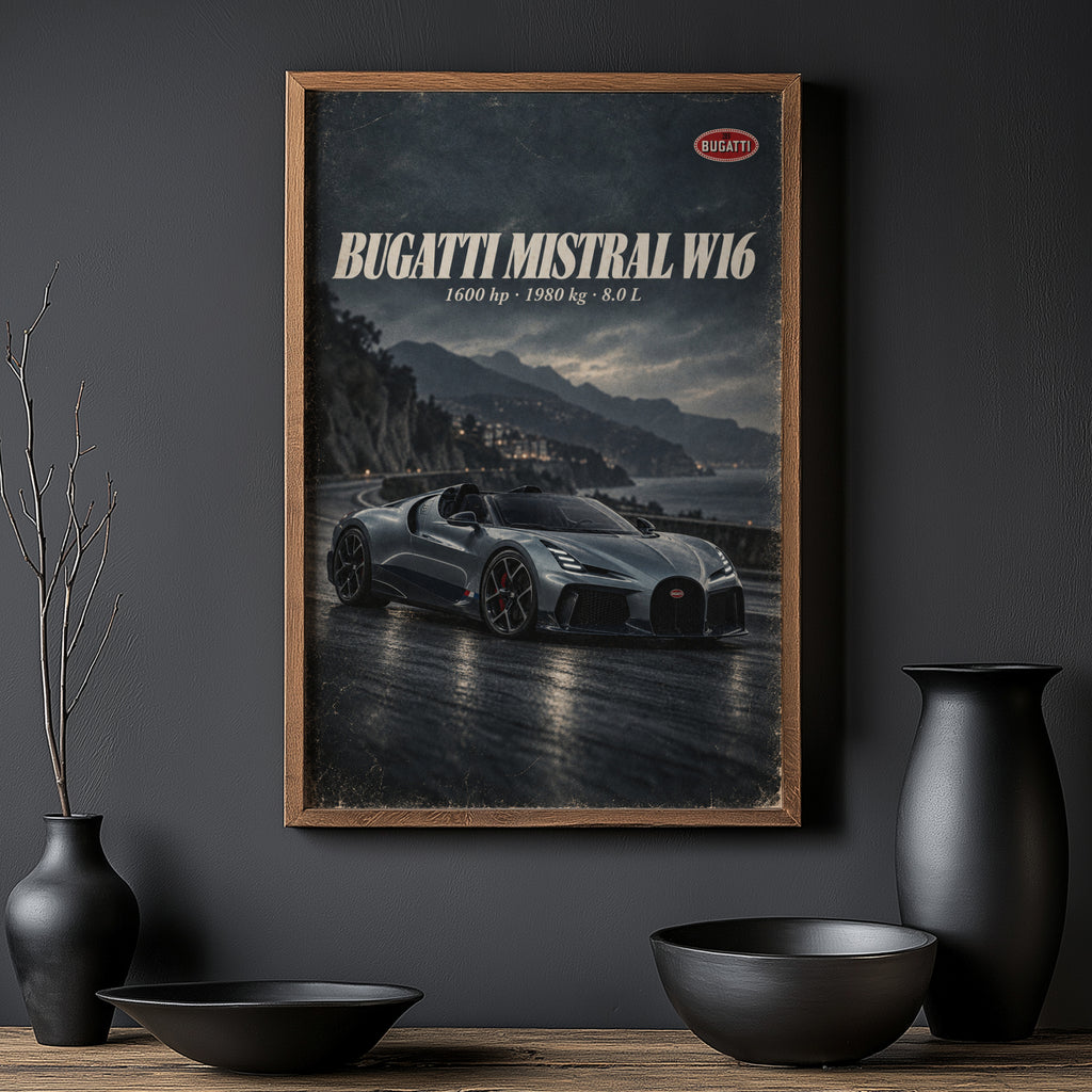 Vintage Bugatti Mistral W16 Print, Supercar Wall Art