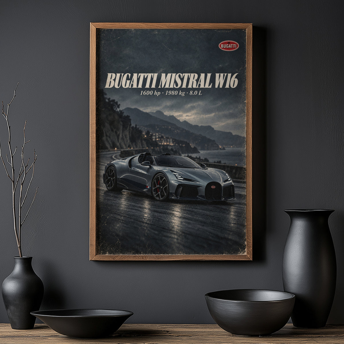 Vintage Bugatti Mistral W16 Print, Supercar Wall Art