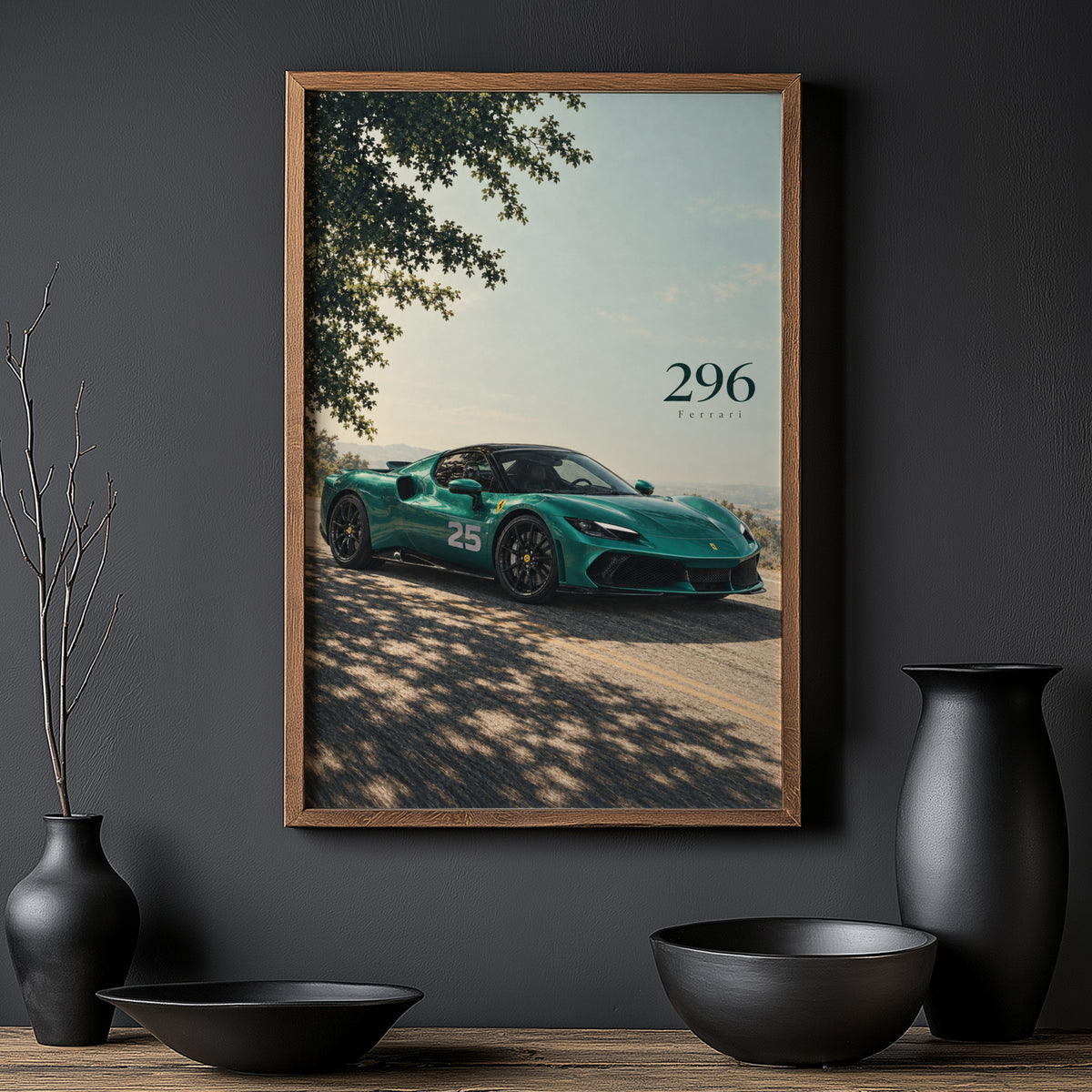Vintage Ferrari 296 Car Print, Teal Green Wall Art