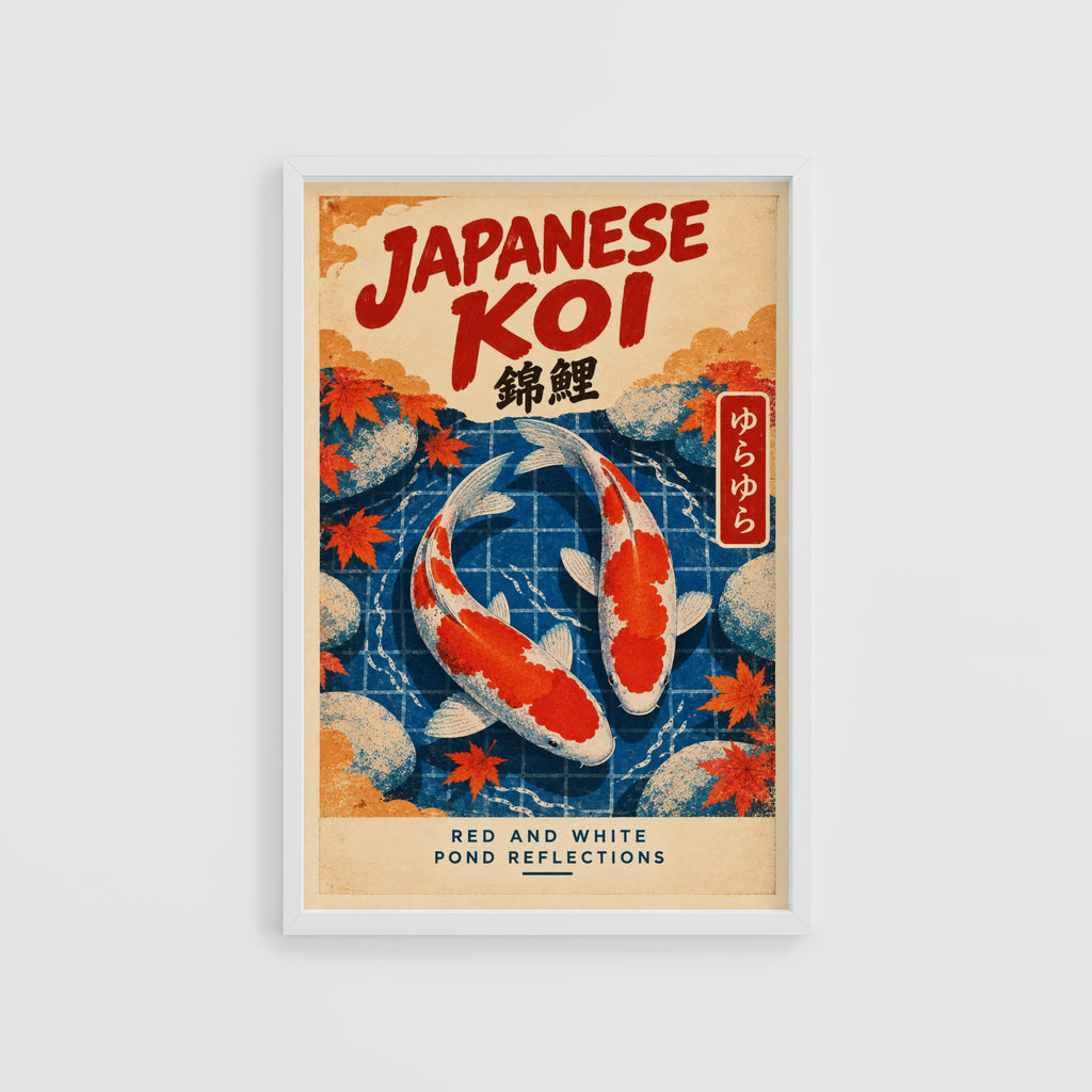 Vintage Japanese Koi Print, Koi Fish Poster, Maple Leaves