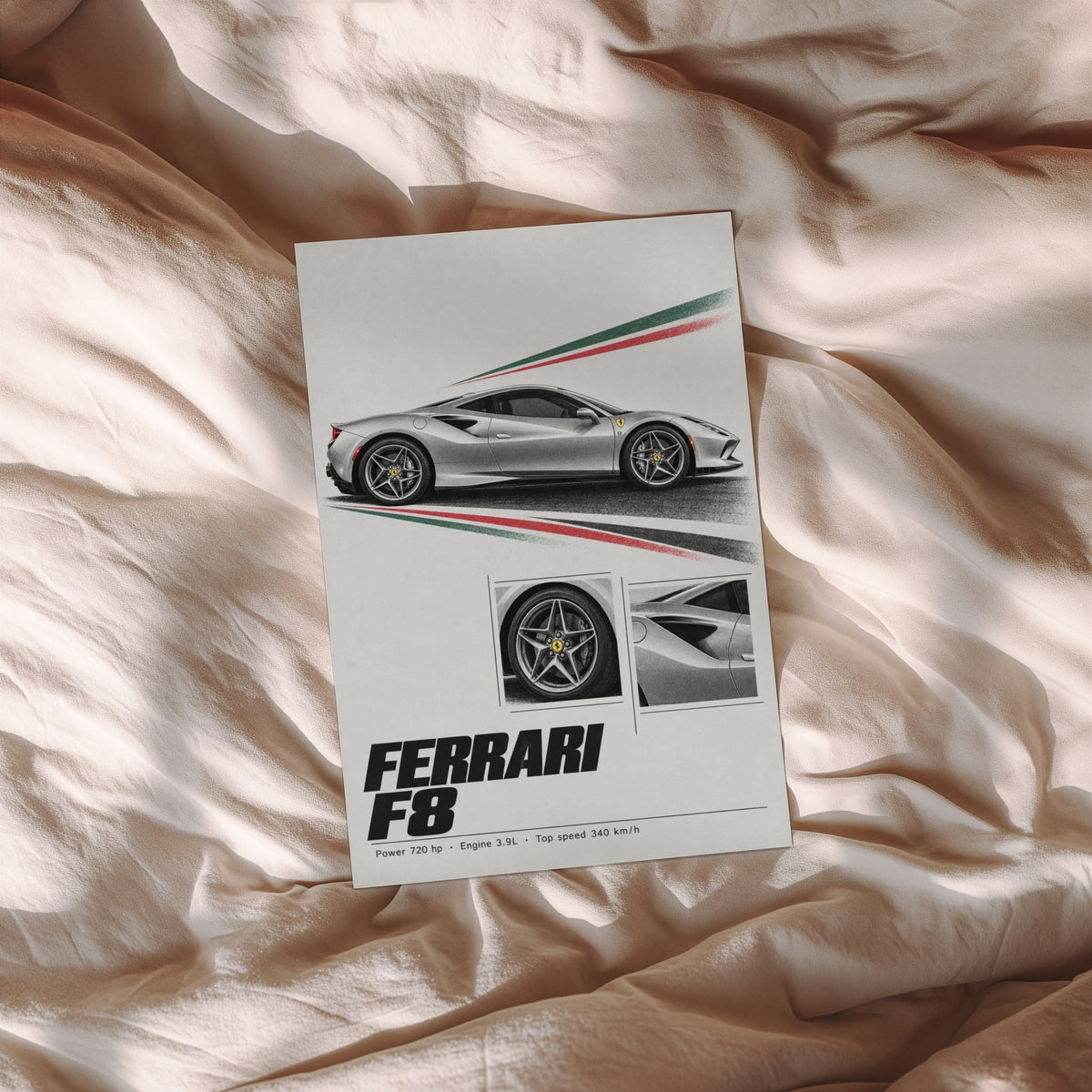 Vintage Ferrari F8 Print, Supercar Wall Art