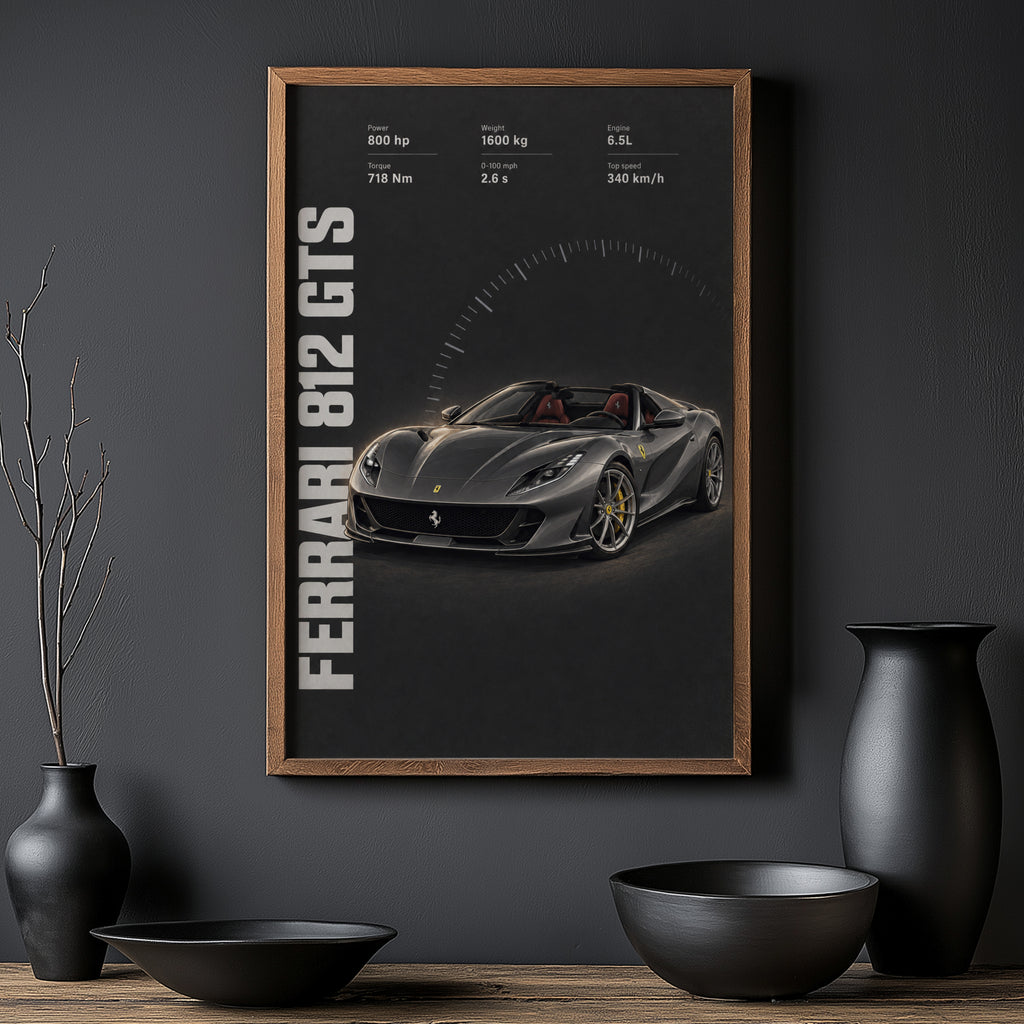 Vintage Ferrari 812 GTS Print, Supercar Wall Art