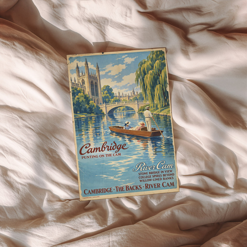 Vintage Cambridge Punting Poster, River Cam Wall Art Print