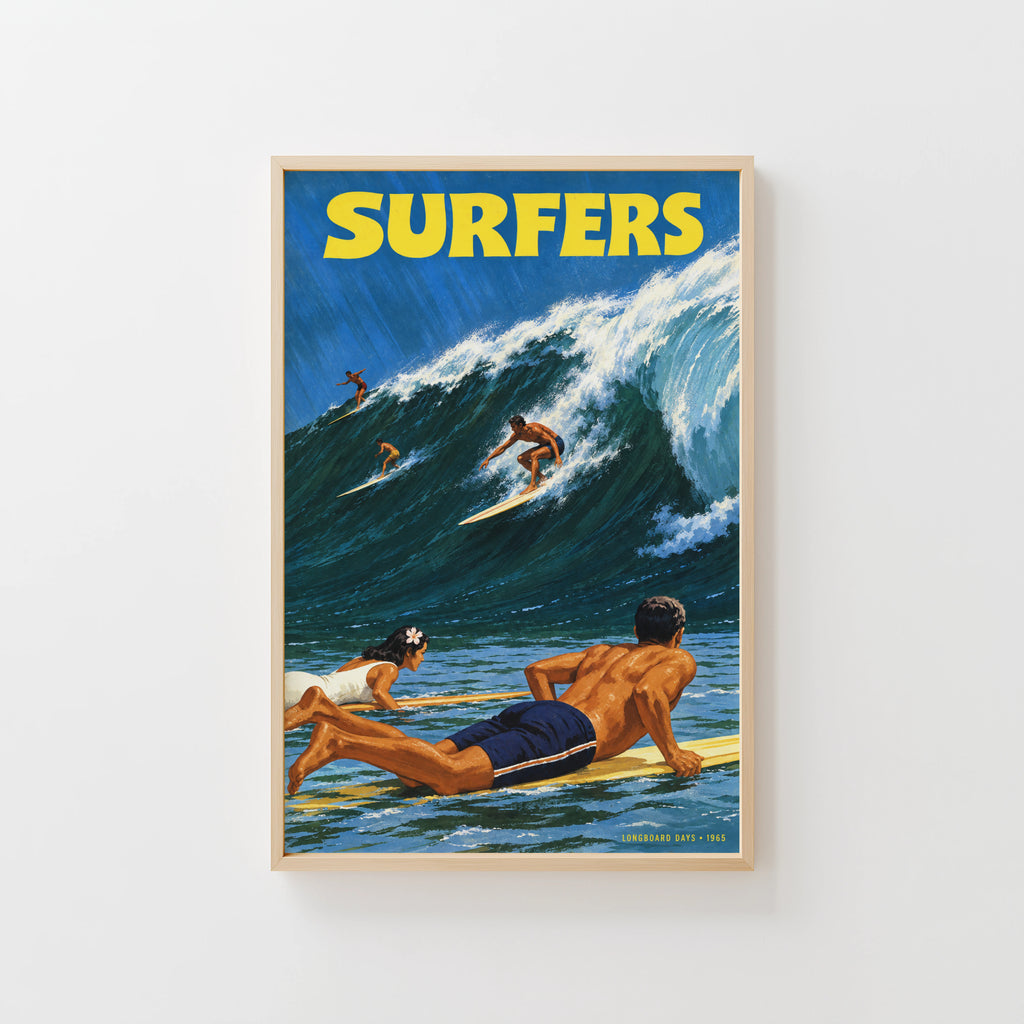 Vintage Surf Print Poster, Longboard Surfers Wave Art