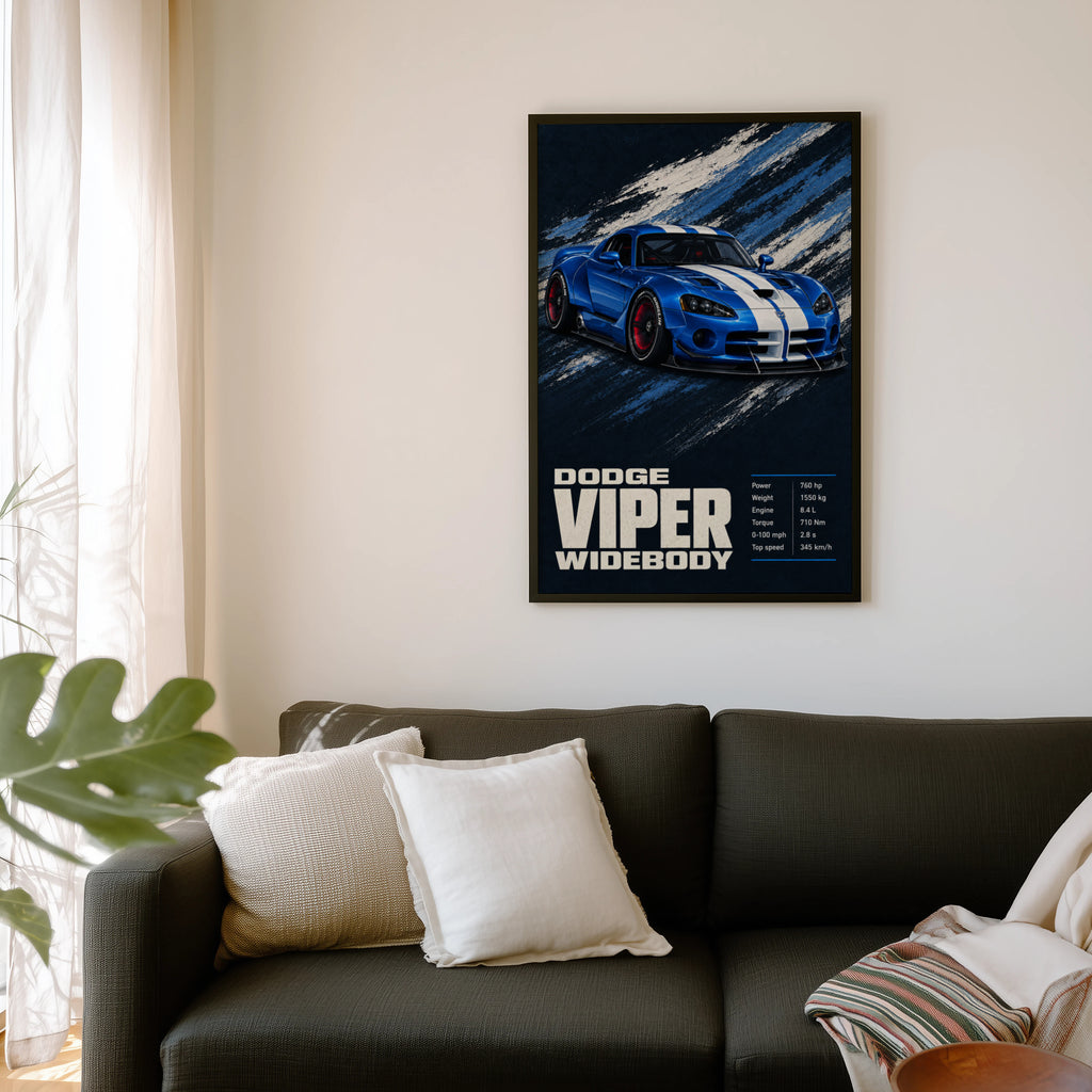 Vintage Dodge Viper Widebody Print, Blue Car Art