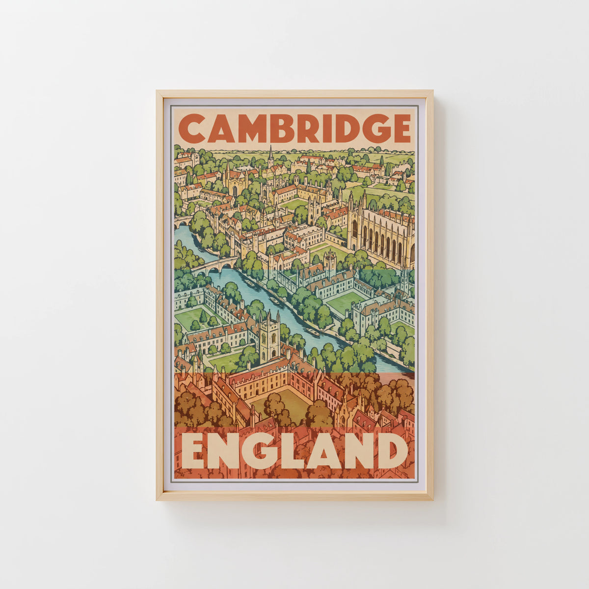 Vintage Cambridge England Poster, Travel Wall Art Print