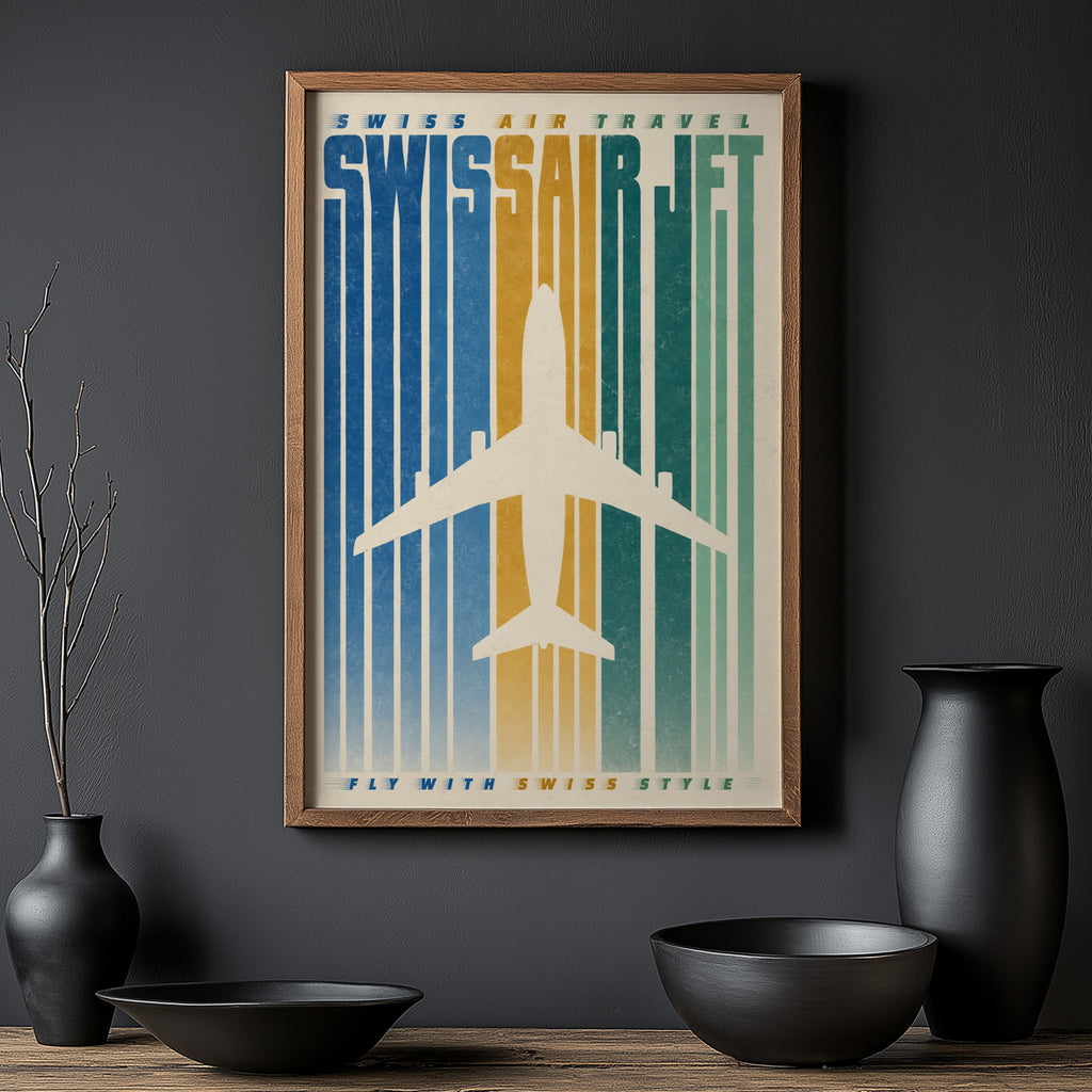 Vintage Swissair Jet Poster, Retro Aviation Wall Art, Print