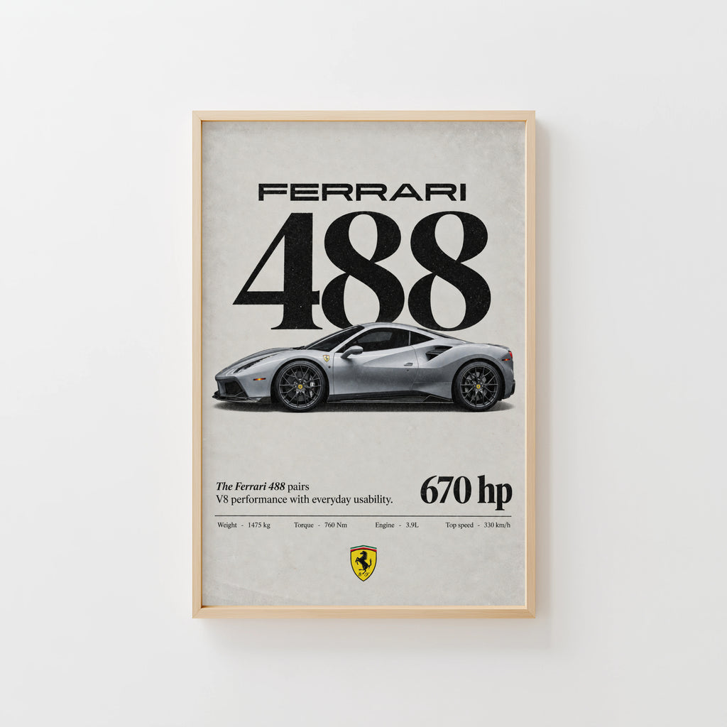 Vintage Ferrari 488 Print, Car Poster, Supercar Wall Art