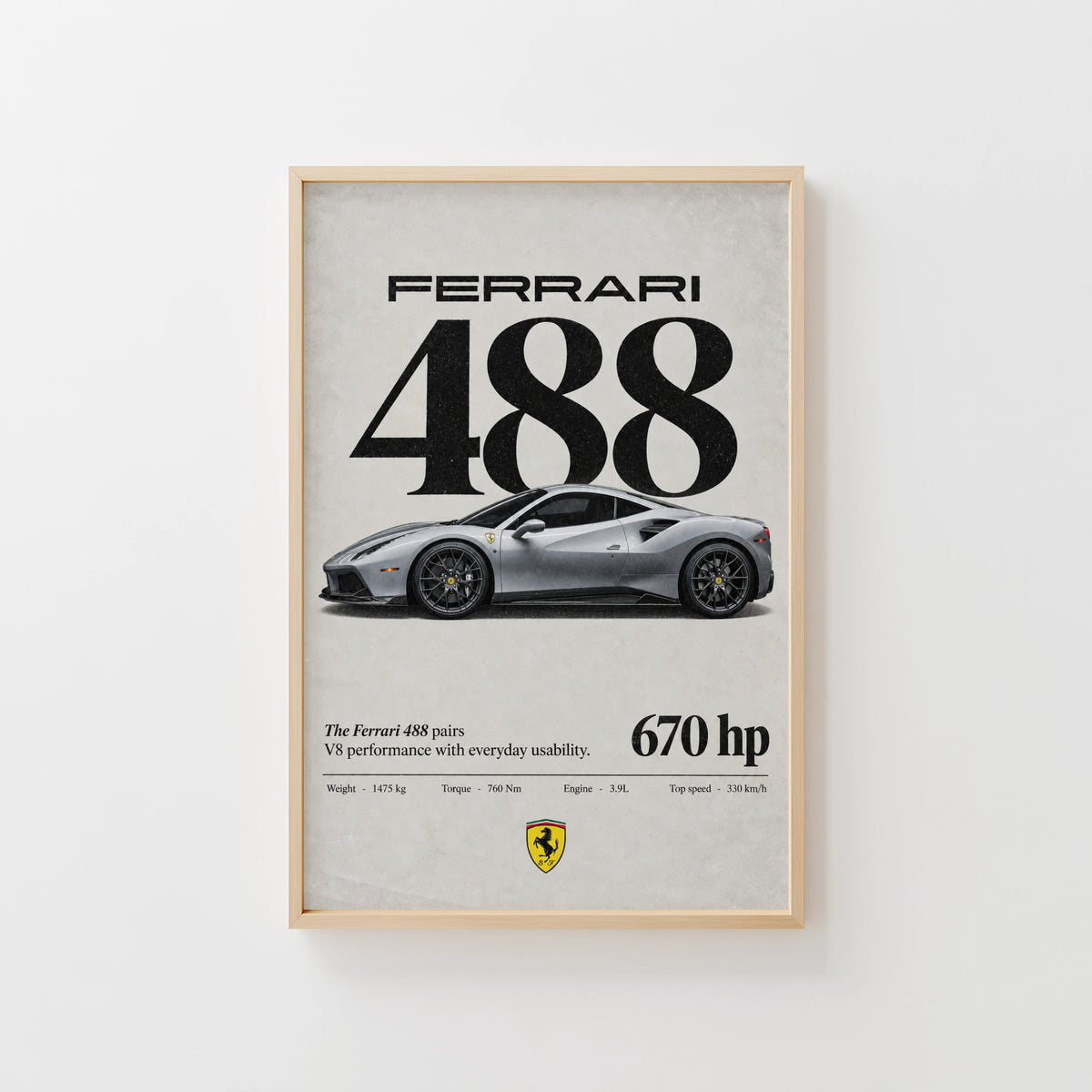 Vintage Ferrari 488 Print, Car Poster, Supercar Wall Art