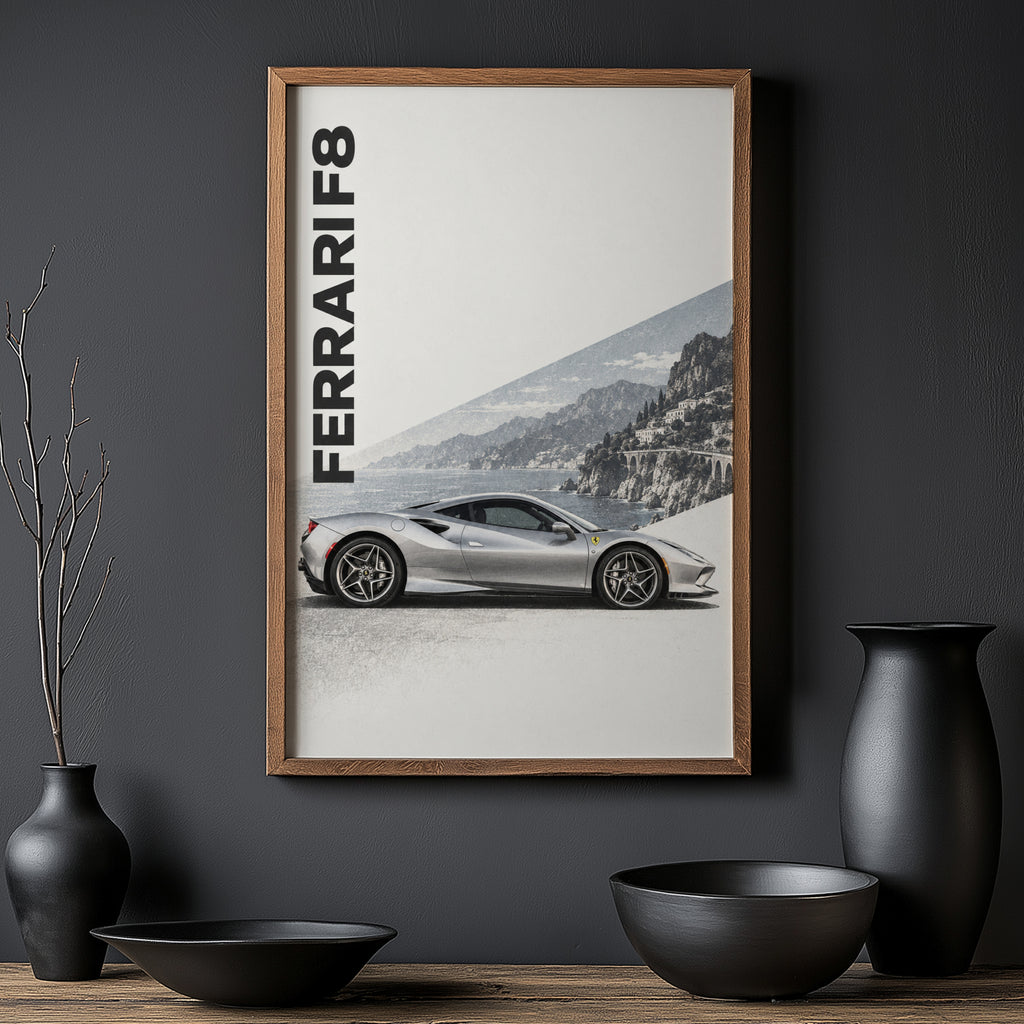 Vintage Ferrari F8 Print, Supercar Wall Art