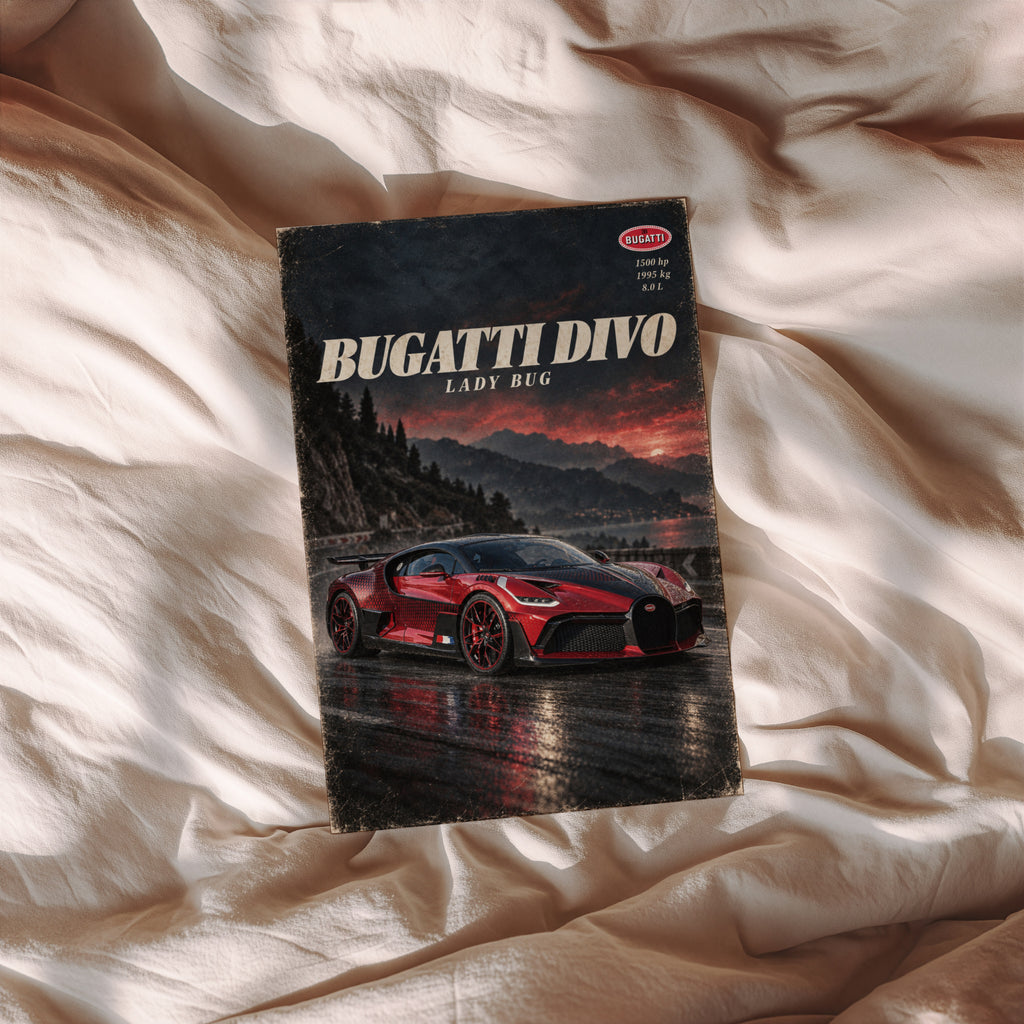 Vintage Bugatti Divo Print, Red Hypercar Wall Art